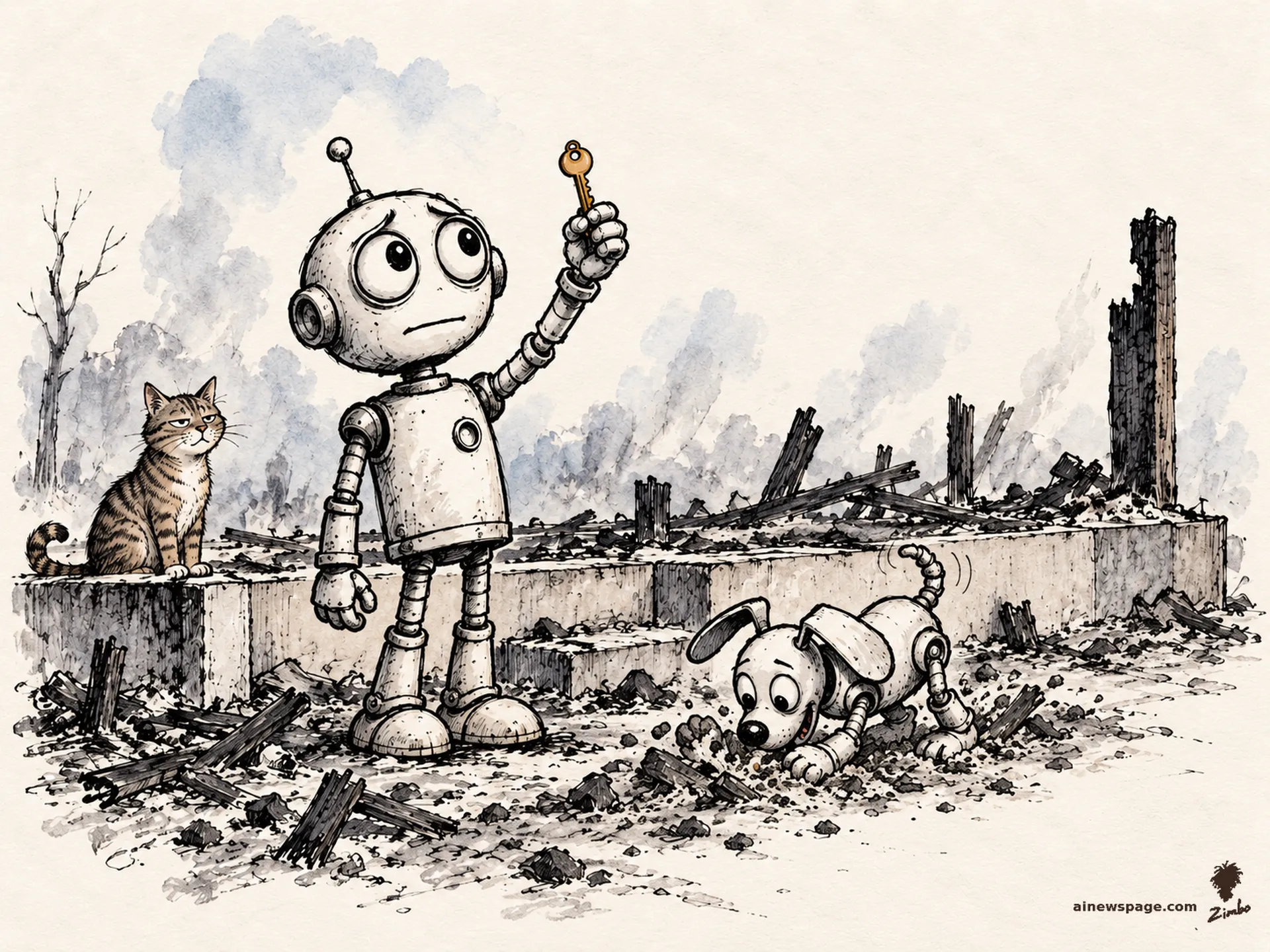 AI cartoon by Zimbo: Merv the anxious robot holds a golden key aloft, standing amid the rubble of a burned-down house foundation; a tabby cat sits on the foundation edge and a small robot dog digs in the ash.
