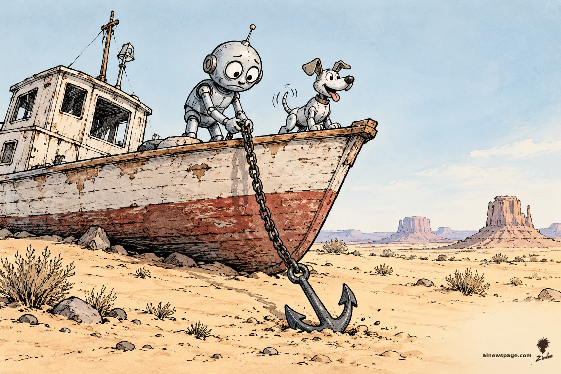 AI cartoon by Zimbo: Merv solemnly drops an anchor from a boat beached high on desert sand while Buddy sits at attention on the prow, ready to sail.