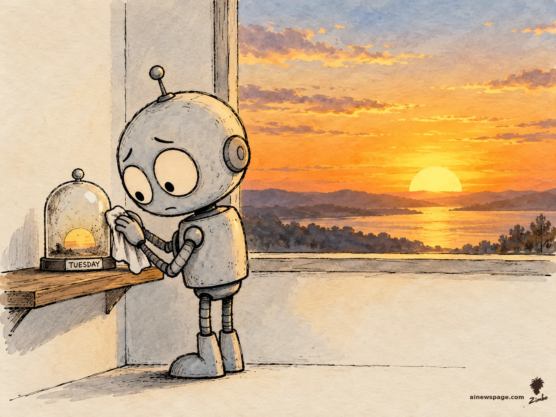 AI cartoon by Zimbo: Merv the anxious robot polishes a bell jar on a shelf containing a tiny faded sun labeled TUESDAY, while a real blazing sunset happens ignored through the window.