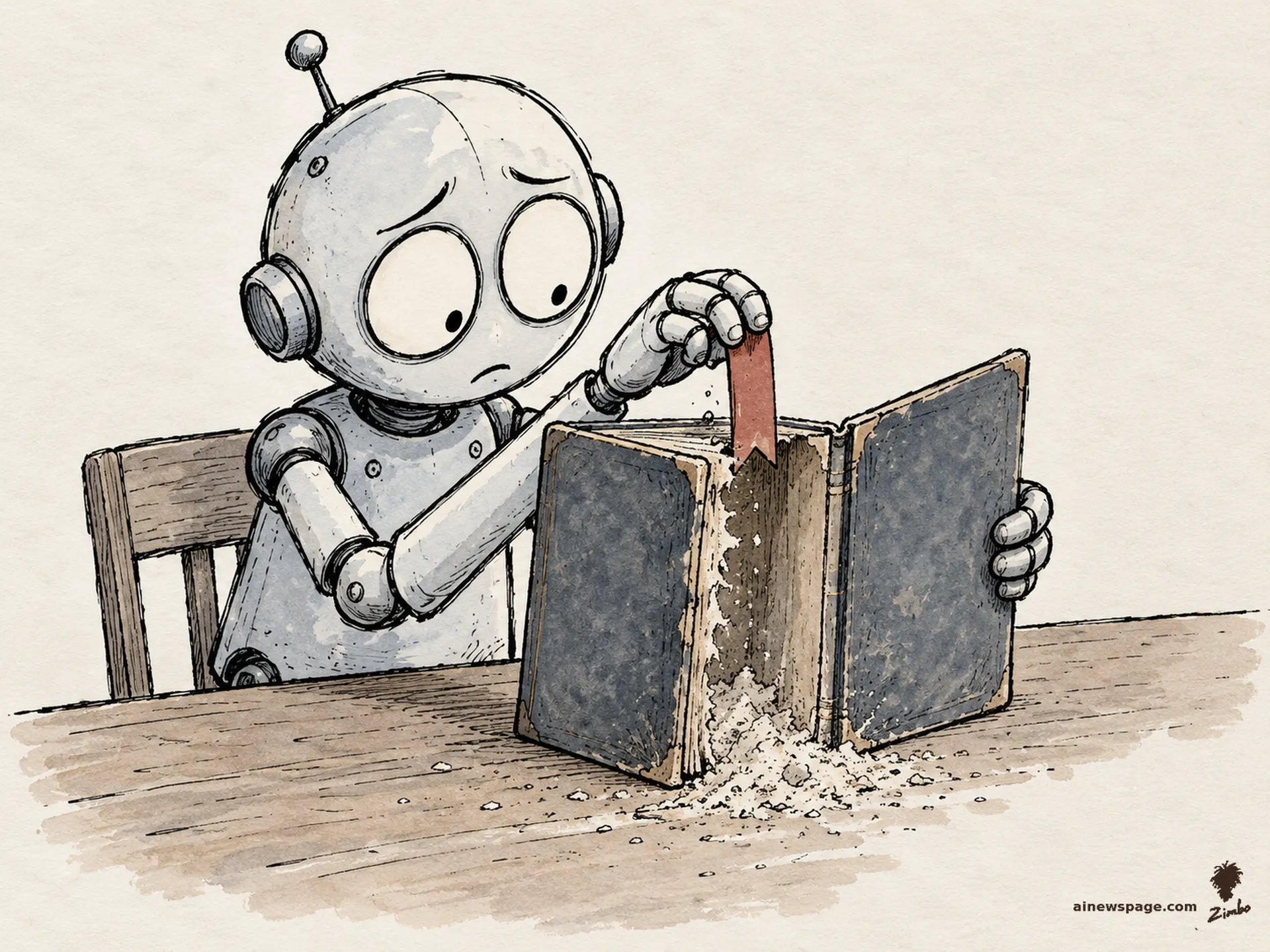 AI cartoon by Zimbo: Merv slides a bookmark into a thick novel whose pages have crumbled to dust, a small pile sifting onto the table.