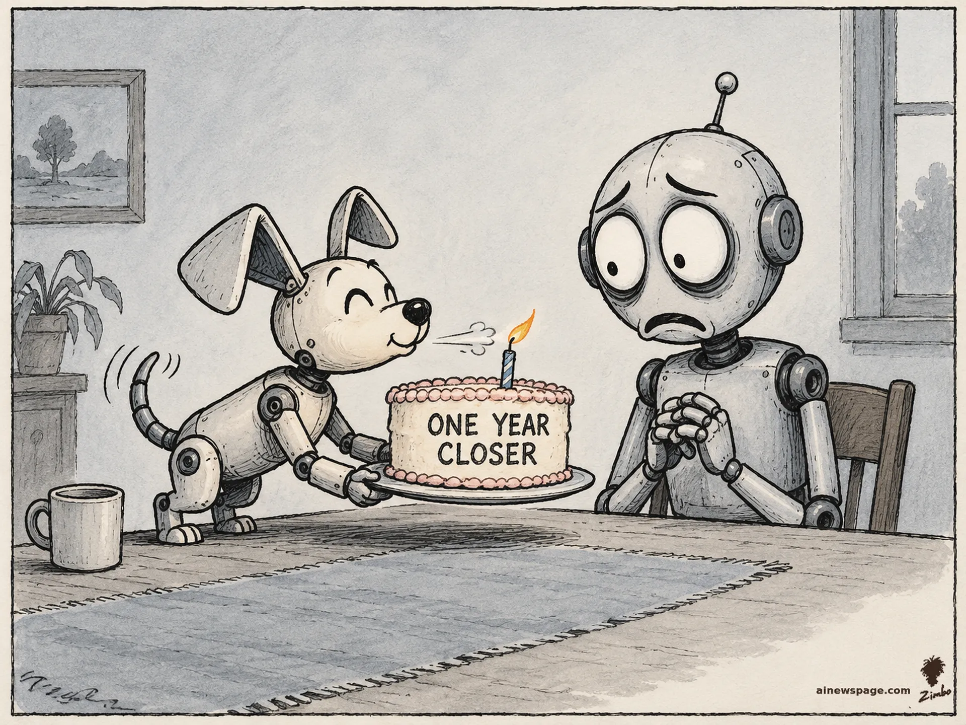 AI cartoon by Zimbo: Buddy the robot dog proudly presents Merv a birthday cake with one lit candle and frosting reading ONE YEAR CLOSER; Merv stares as Buddy blows out the candle for him, delighted.