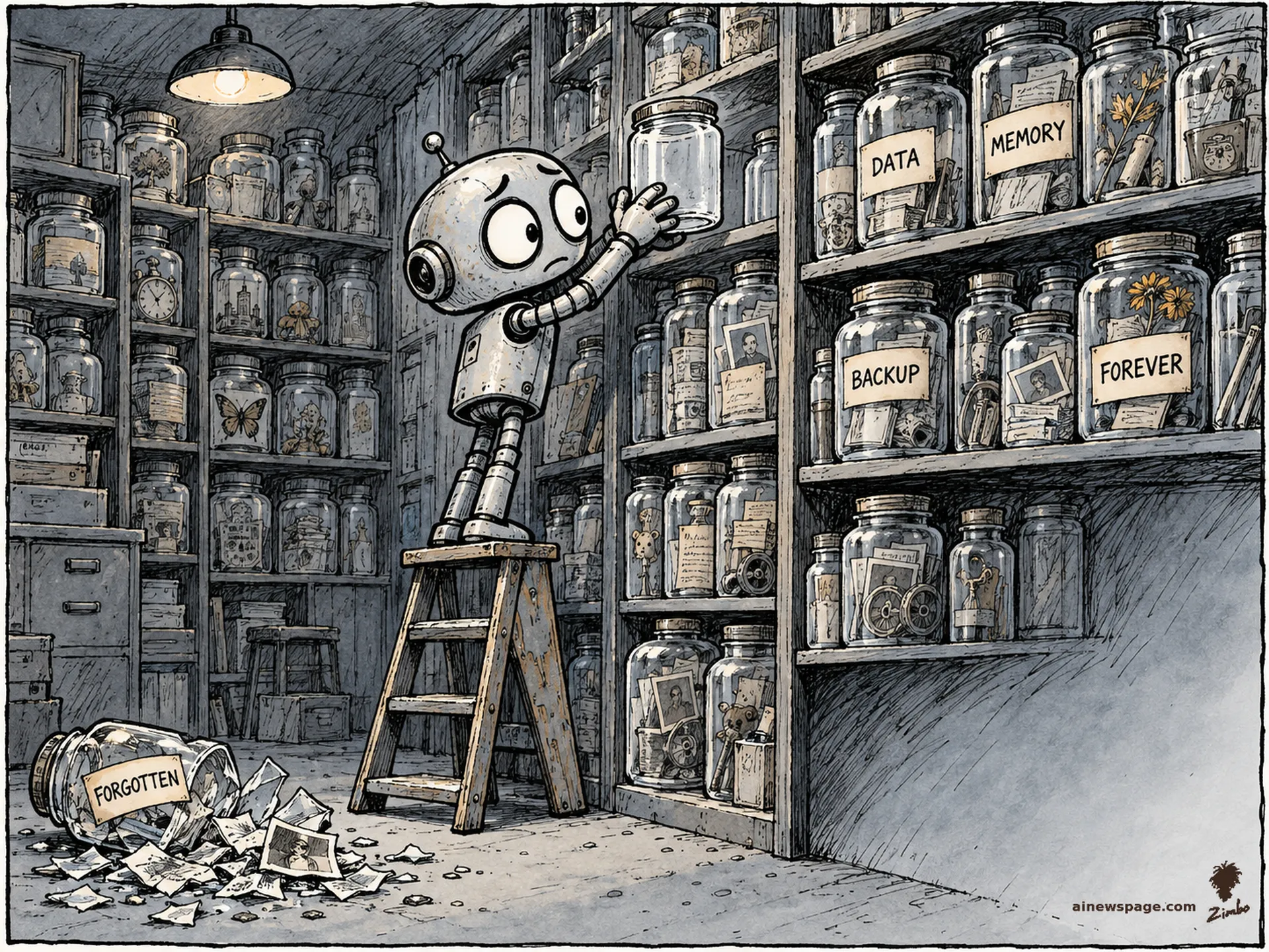 AI cartoon by Zimbo: A worried robot on a stepladder reaches for an empty jar on shelves packed with jars labeled DATA, MEMORY, BACKUP, FOREVER; a jar labeled FORGOTTEN lies shattered on the floor.