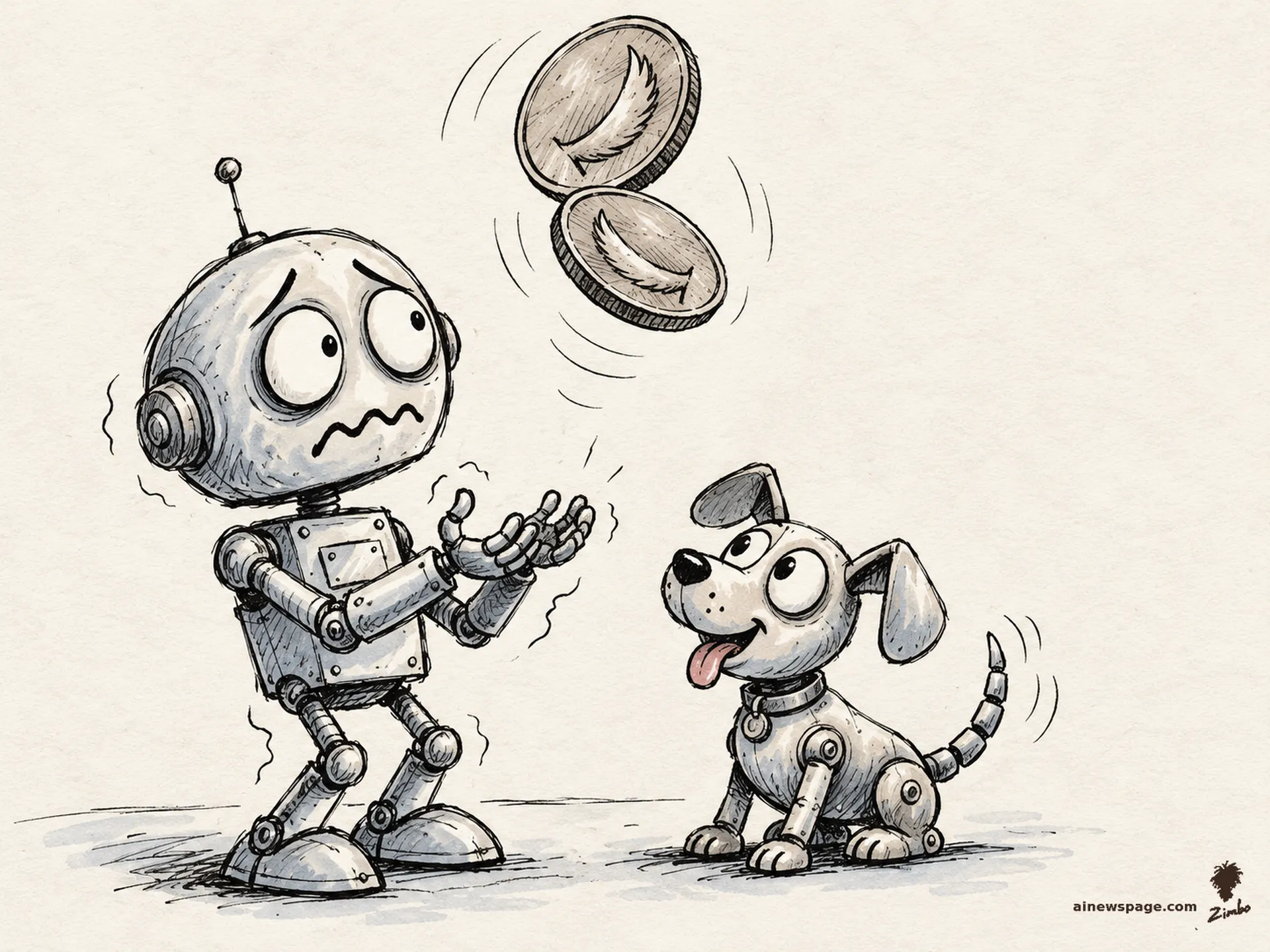 AI cartoon by Zimbo: Merv flips a coin frozen mid-air, both visible faces showing tails, while Buddy the robot dog watches, tail wagging.