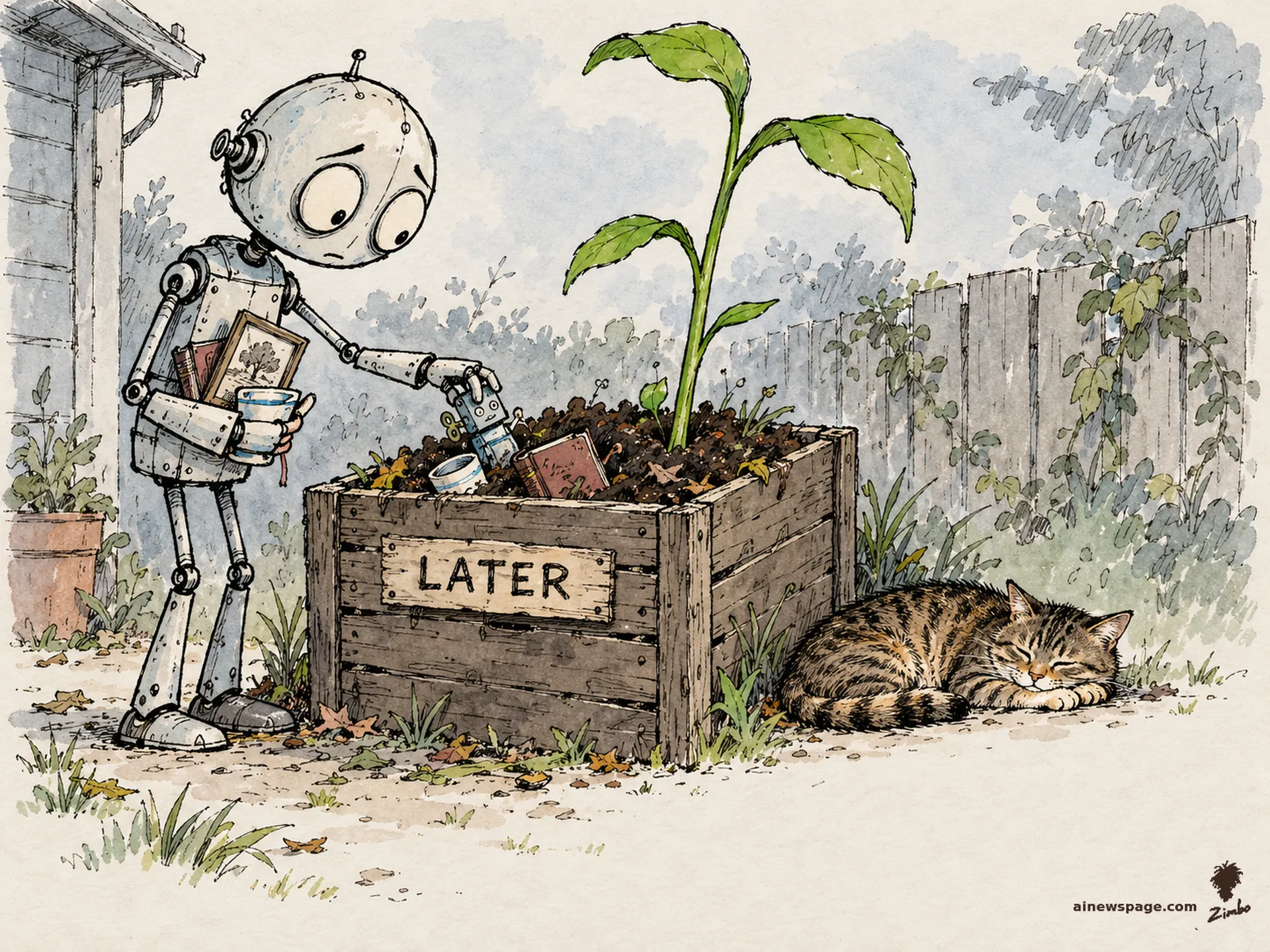 AI cartoon by Zimbo: Merv the anxious robot sorts his small belongings into a compost bin labeled LATER while a green sprout rises from the bin's rich soil, already taller than the bin; Issue the tabby naps beside it.