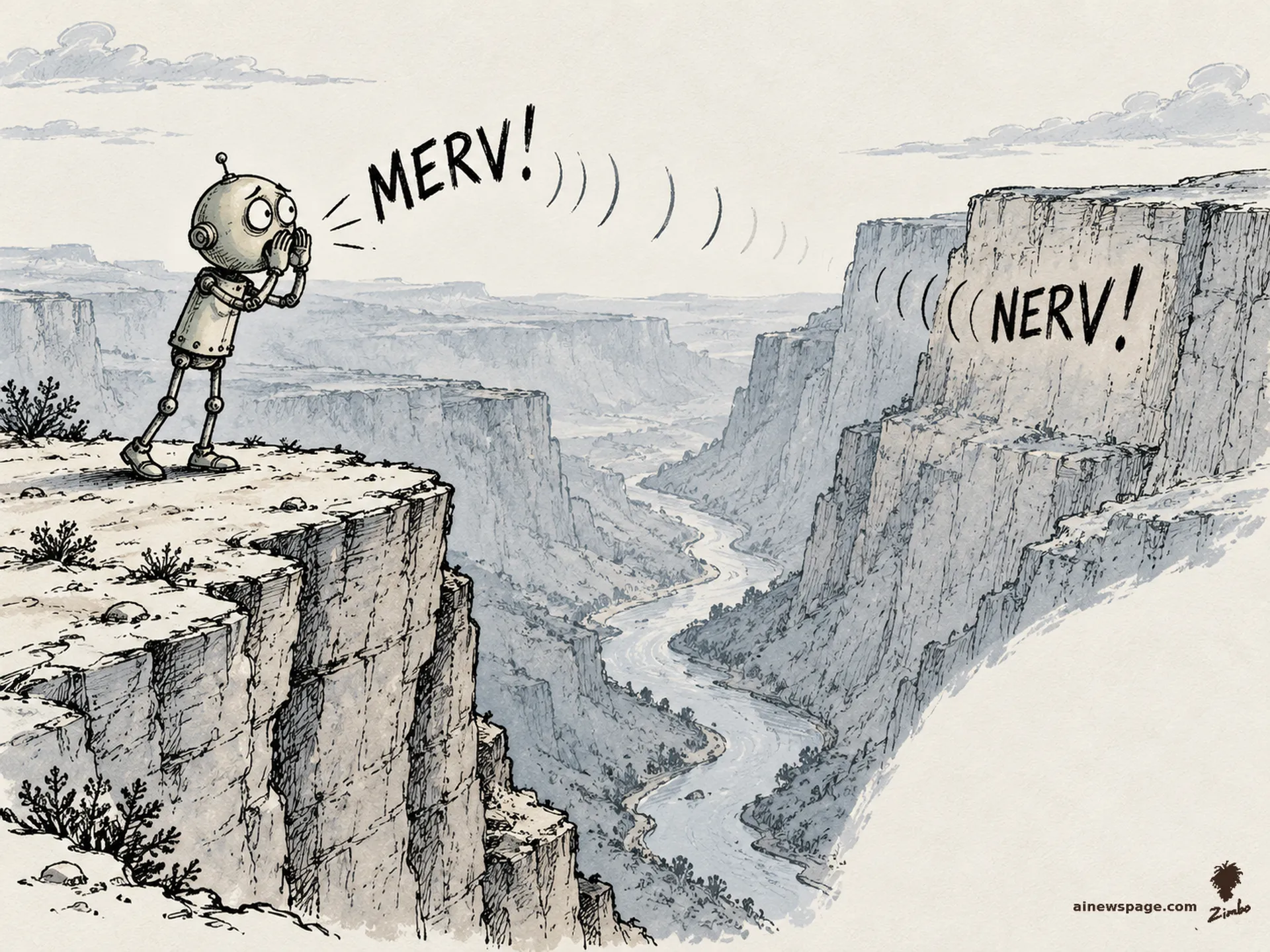 AI cartoon by Zimbo: Merv the robot shouts his own name into a vast canyon; the echo rolling back reads a slightly different name.
