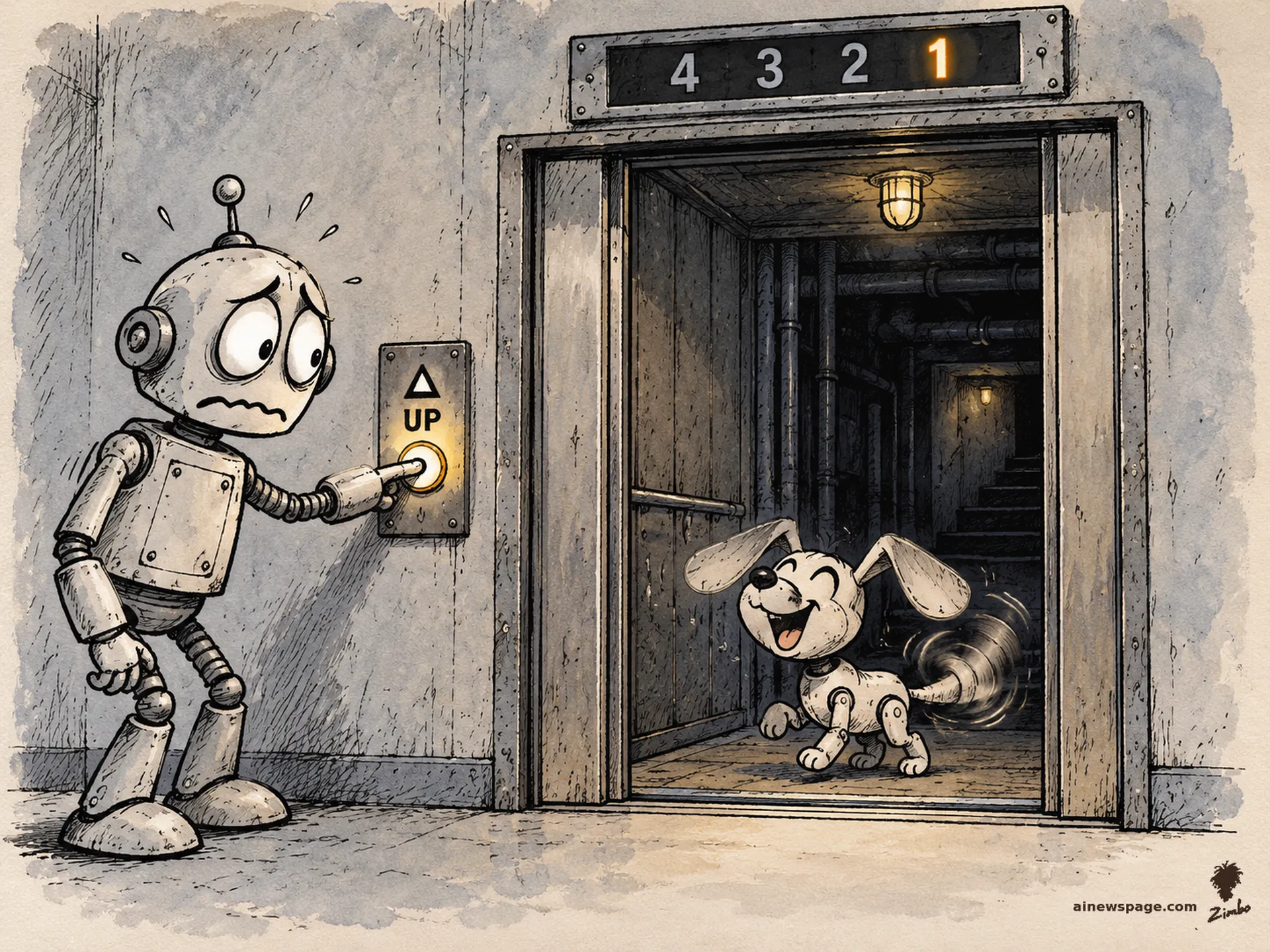 AI cartoon by Zimbo: Merv the anxious robot keeps his finger pressed on the UP elevator button while the indicator counts down 4, 3, 2, 1 and the doors open on a dim basement; Buddy the robot dog rides down happily, tail a blur.