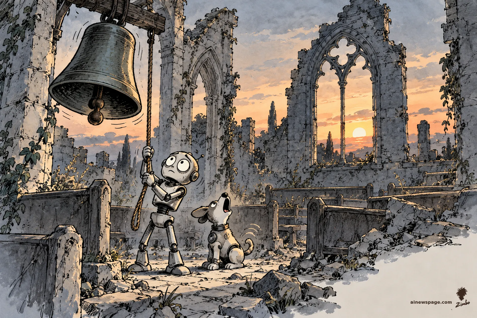 AI cartoon by Zimbo: Merv the anxious robot pulls a bell rope in a roofless ruined chapel at sunset while a small robot dog sits beside him, head thrown back, howling along enthusiastically.