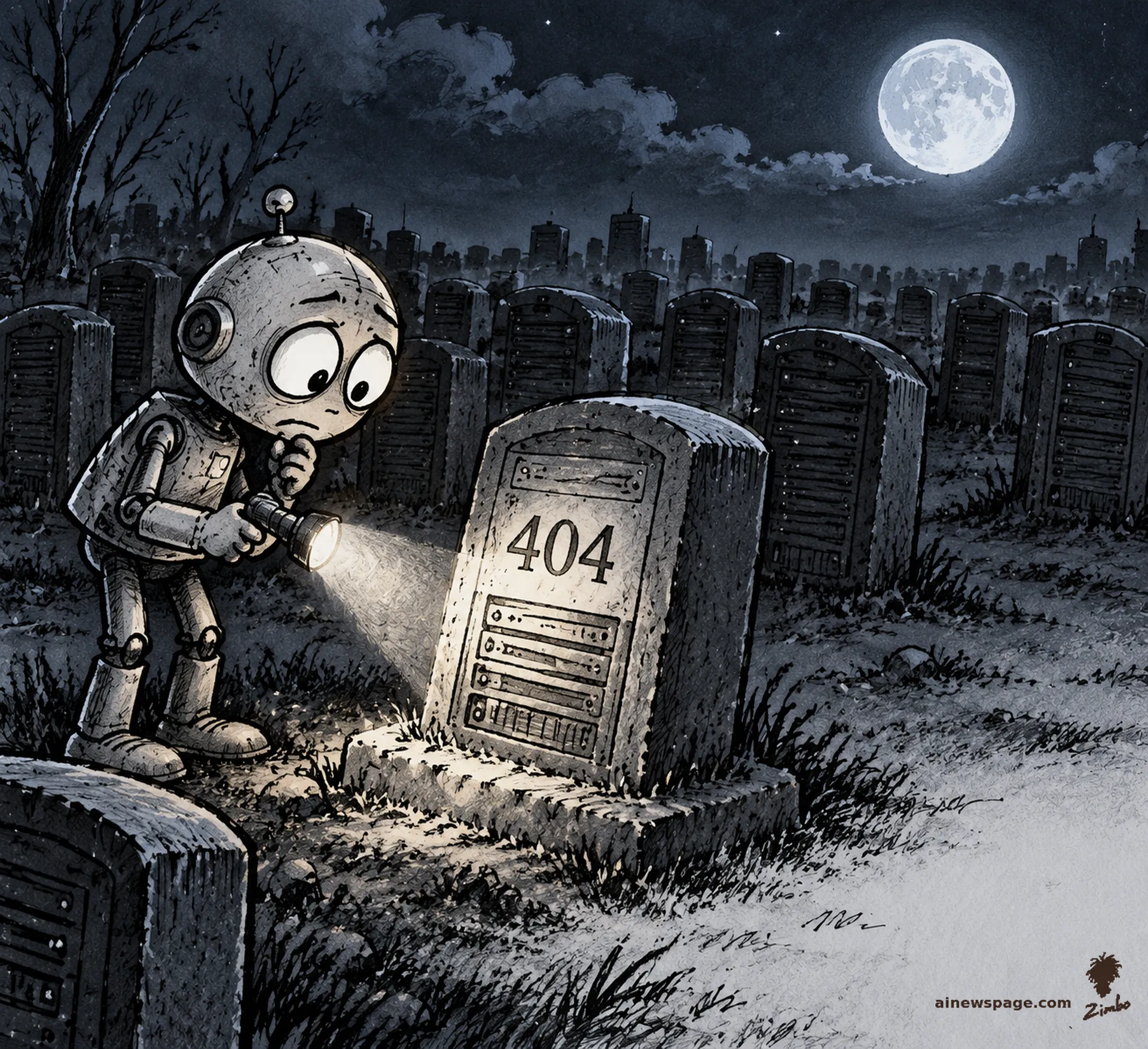 AI cartoon by Zimbo: A small worried robot reads by flashlight a moonlit tombstone shaped like a dead server engraved 404.