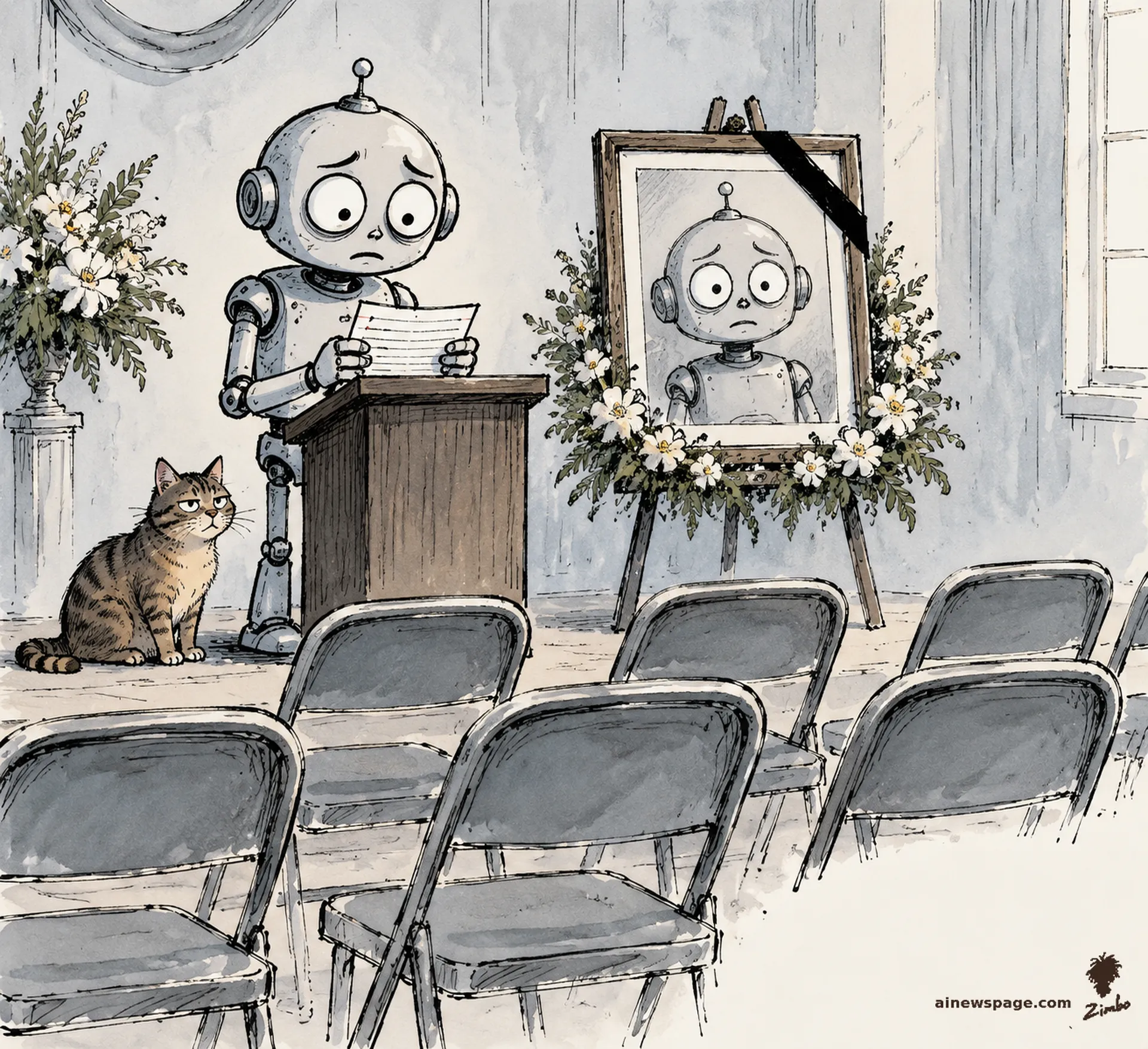 AI cartoon by Zimbo: Merv the anxious robot reads a heartfelt eulogy from index cards at a podium before rows of empty chairs; on an easel beside him, a framed portrait of himself draped with a mourning ribbon.