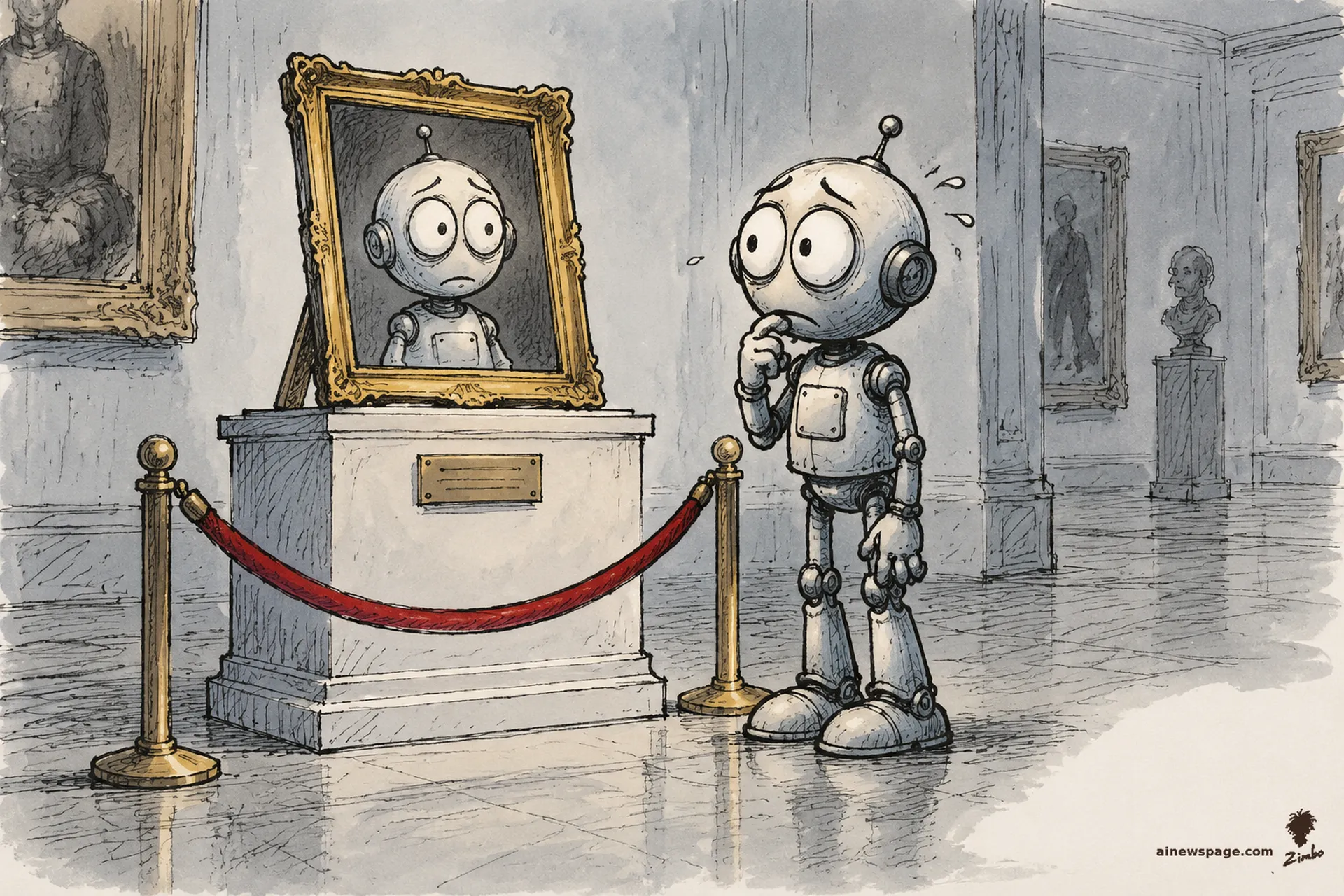 AI cartoon by Zimbo: A small worried robot stands before a museum pedestal holding a framed portrait of himself, staring at his own memorial while sweating.