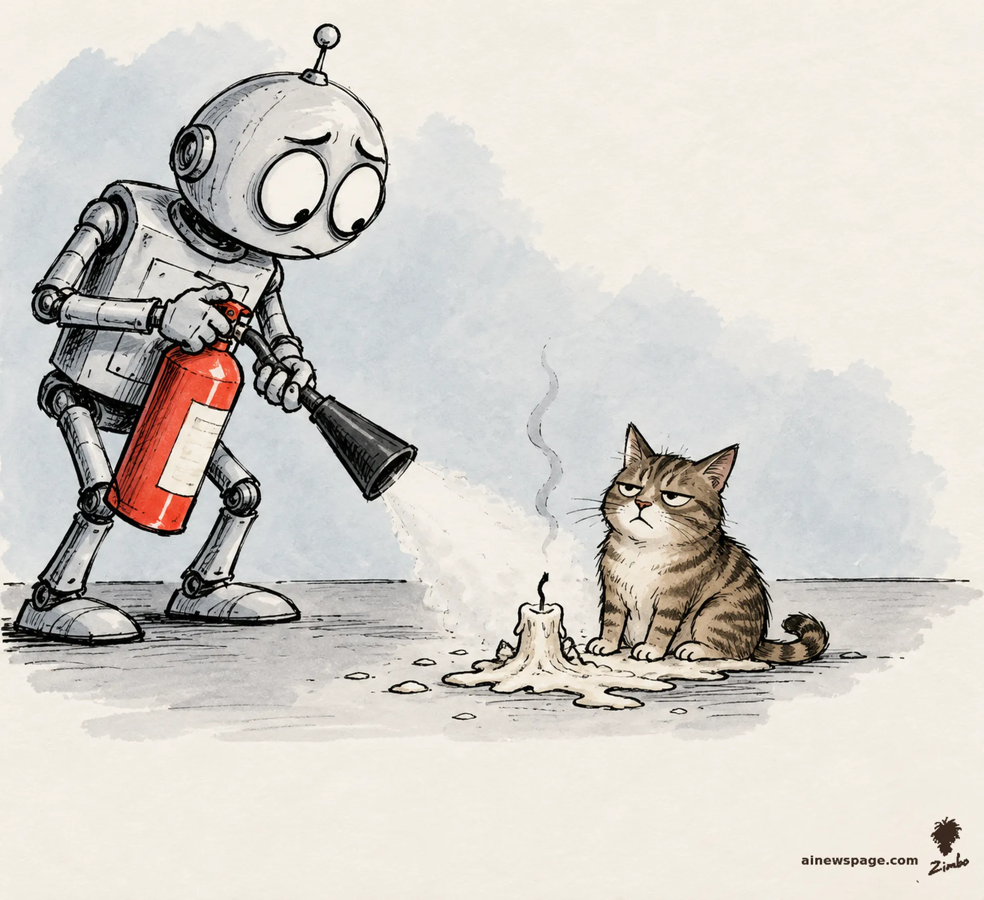 AI cartoon by Zimbo: Merv the anxious robot solemnly aims a red fire extinguisher at a candle that has burned down to a puddle of wax; a brown tabby cat sits in the cooled wax, unimpressed.