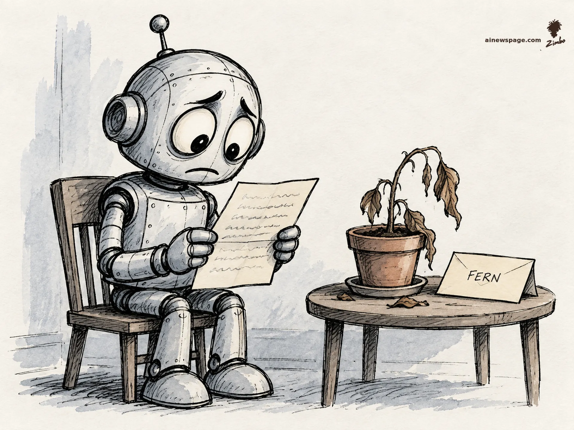 AI cartoon by Zimbo: Merv the anxious robot reads a farewell letter aloud to a withered houseplant in a terracotta pot; beside it, a sealed envelope addressed to FERN.