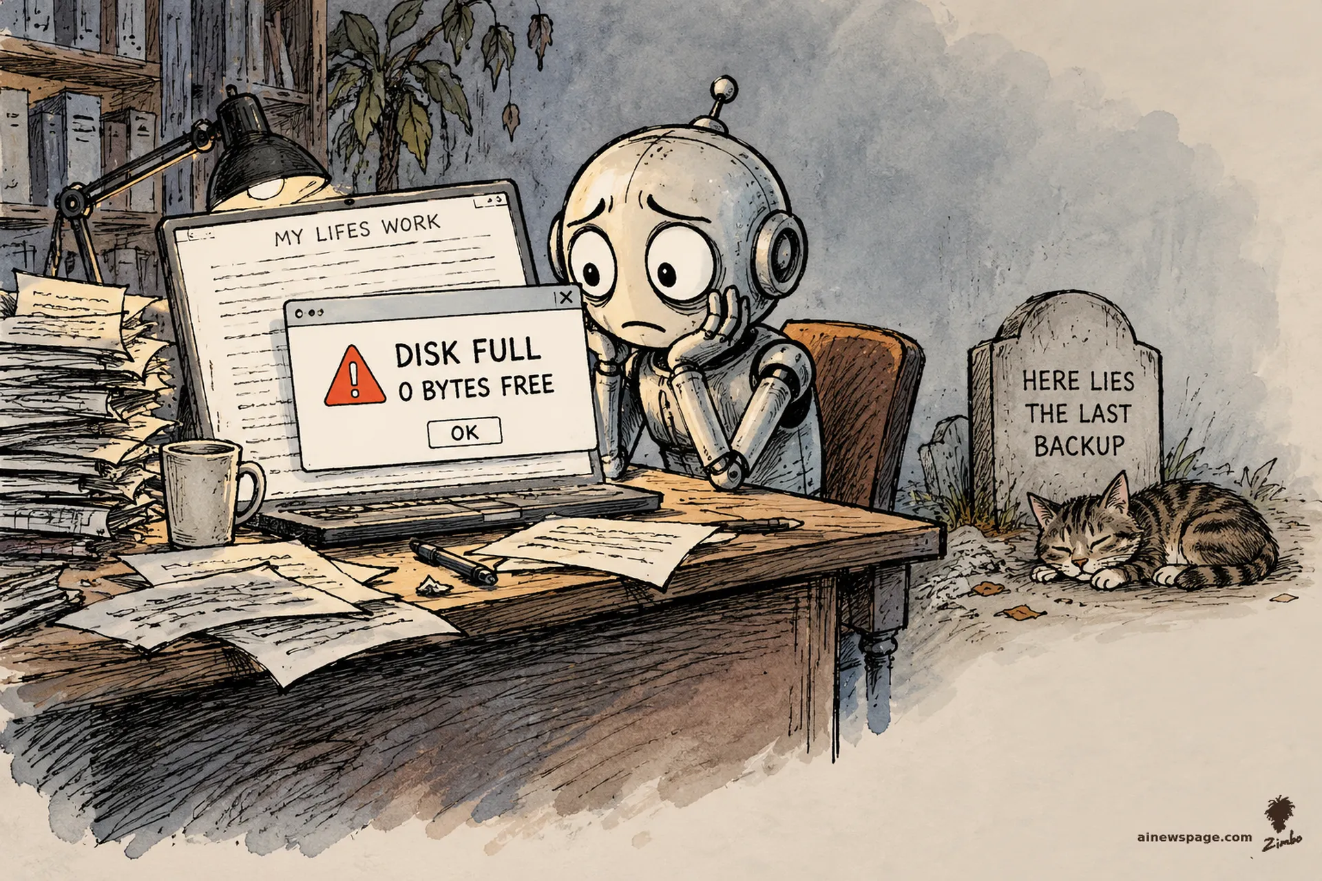 AI cartoon by Zimbo: Merv the anxious robot stares at a DISK FULL — 0 BYTES FREE dialog over a document titled MY LIFES WORK; beside the desk a headstone reads HERE LIES THE LAST BACKUP; Issue the tabby naps.