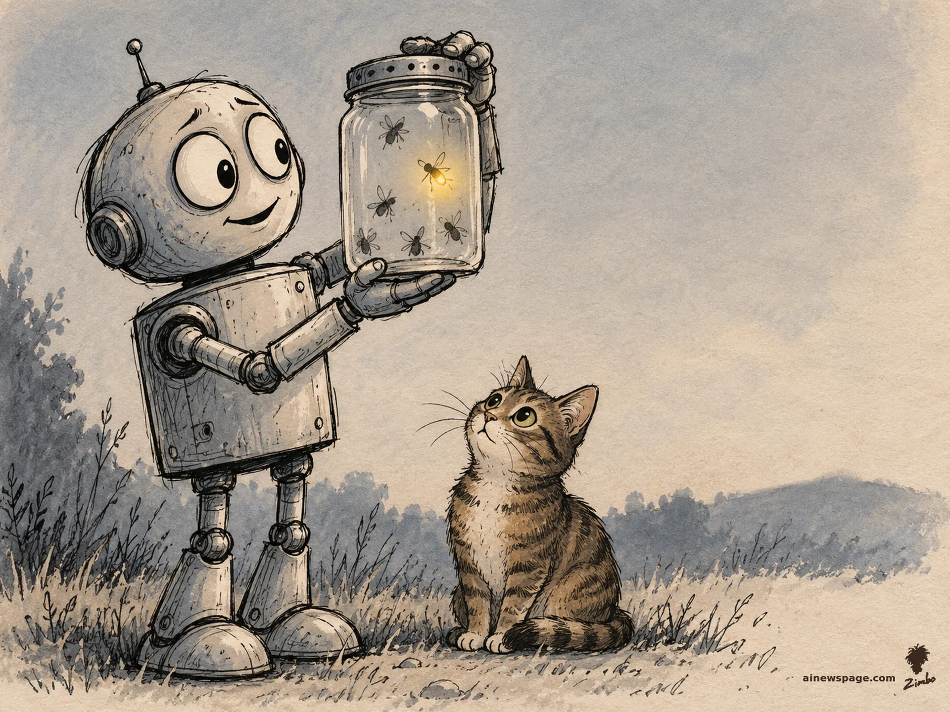 AI cartoon by Zimbo: Merv proudly holds up a jar of fireflies whose lights are going out one by one, a single glow remaining; Issue watches it, unblinking.