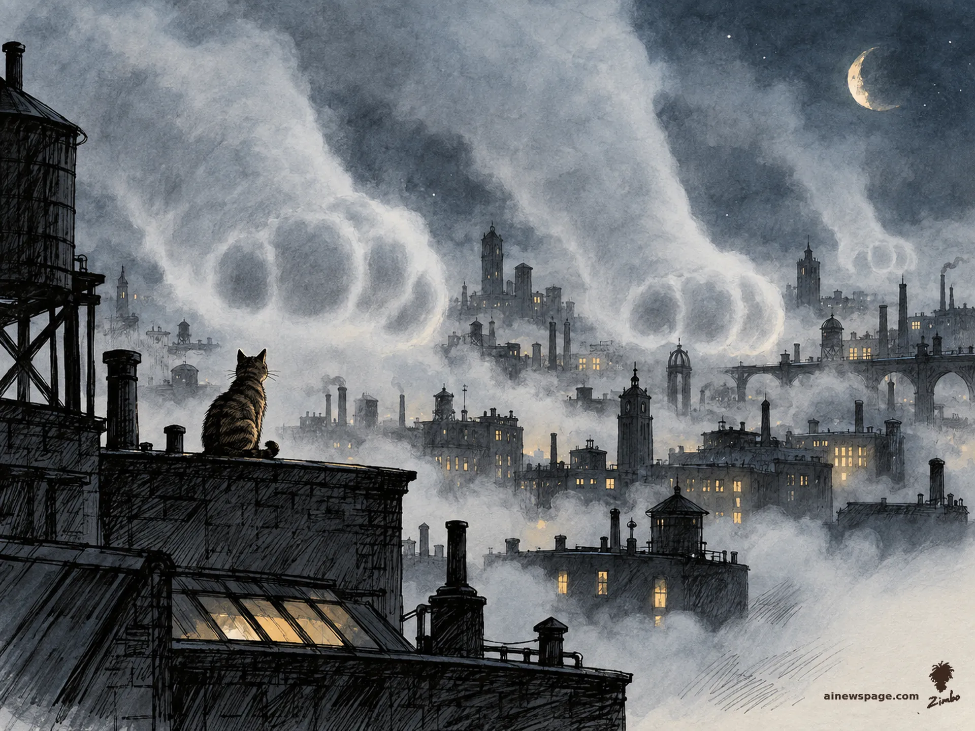 AI cartoon by Zimbo: A bank of fog rolls over a sleeping city shaped like enormous quiet cat paws; a tabby cat sits on a rooftop watching, at home in it.