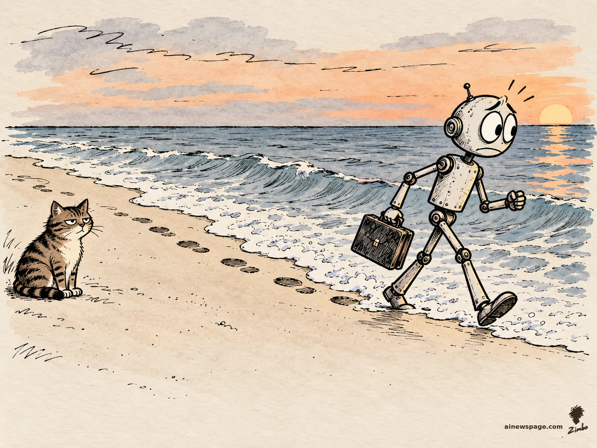 AI cartoon by Zimbo: Merv the anxious robot marches with purpose along a beach at dusk, briefcase in hand, as an incoming wave washes away his footprints one by one; Issue the tabby watches from dry sand, unimpressed.