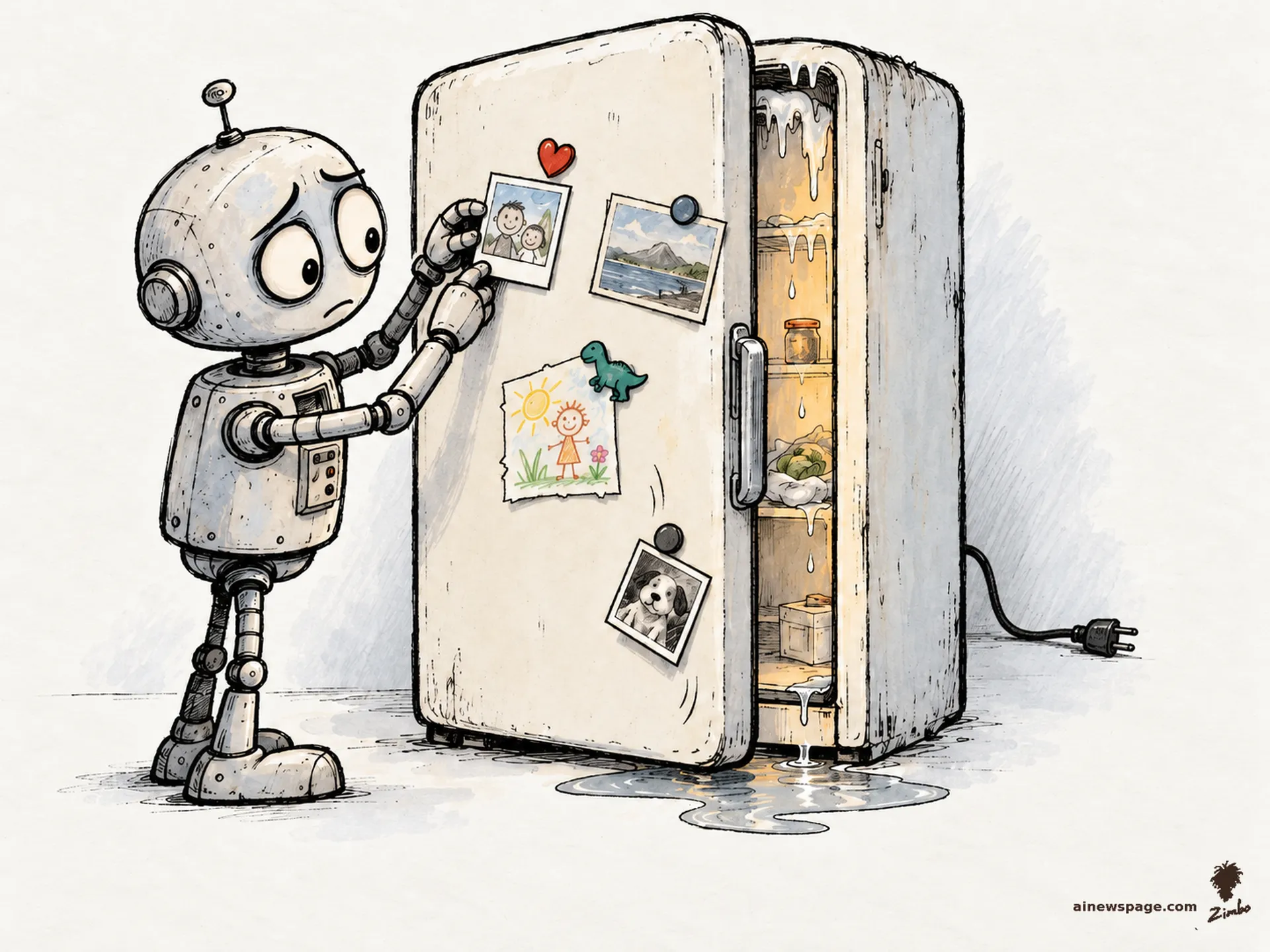 AI cartoon by Zimbo: Merv carefully arranges photos and magnets on an unplugged refrigerator, water pooling as it defrosts, one photo sliding off.