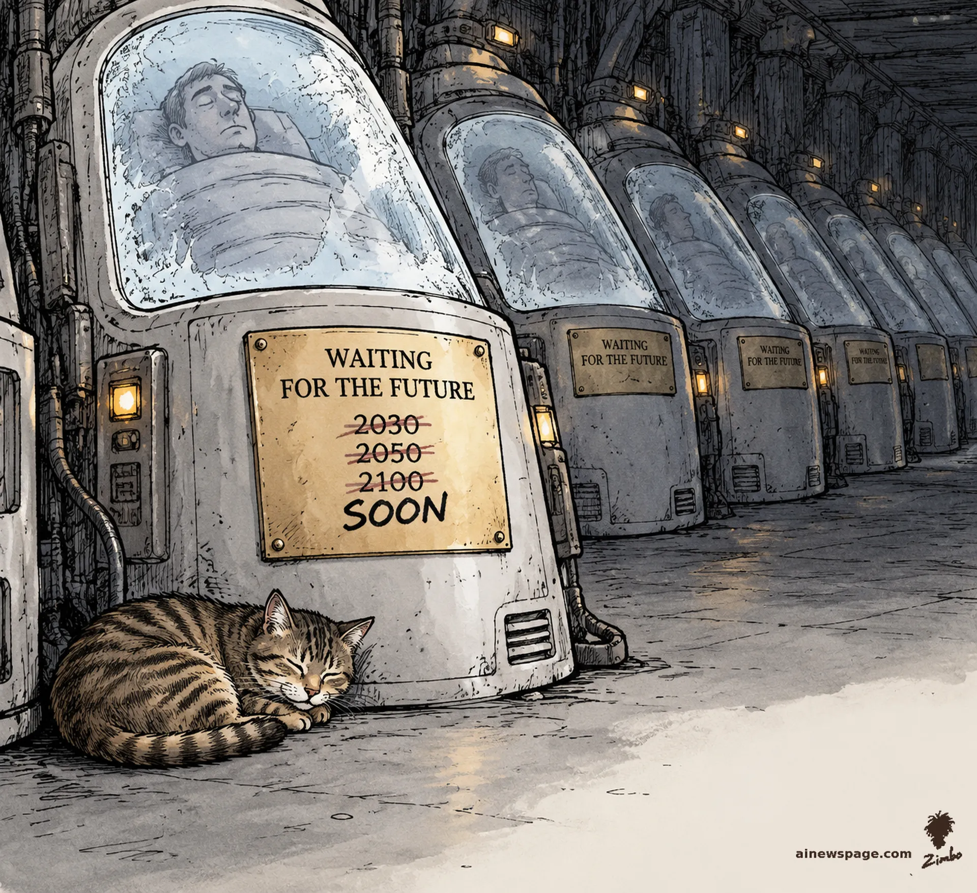 AI cartoon by Zimbo: Rows of cryogenic pods in a dim vault; the nearest plaque reads WAITING FOR THE FUTURE with 2030, 2050, 2100 crossed out and SOON written below, a tabby cat napping against the pod.