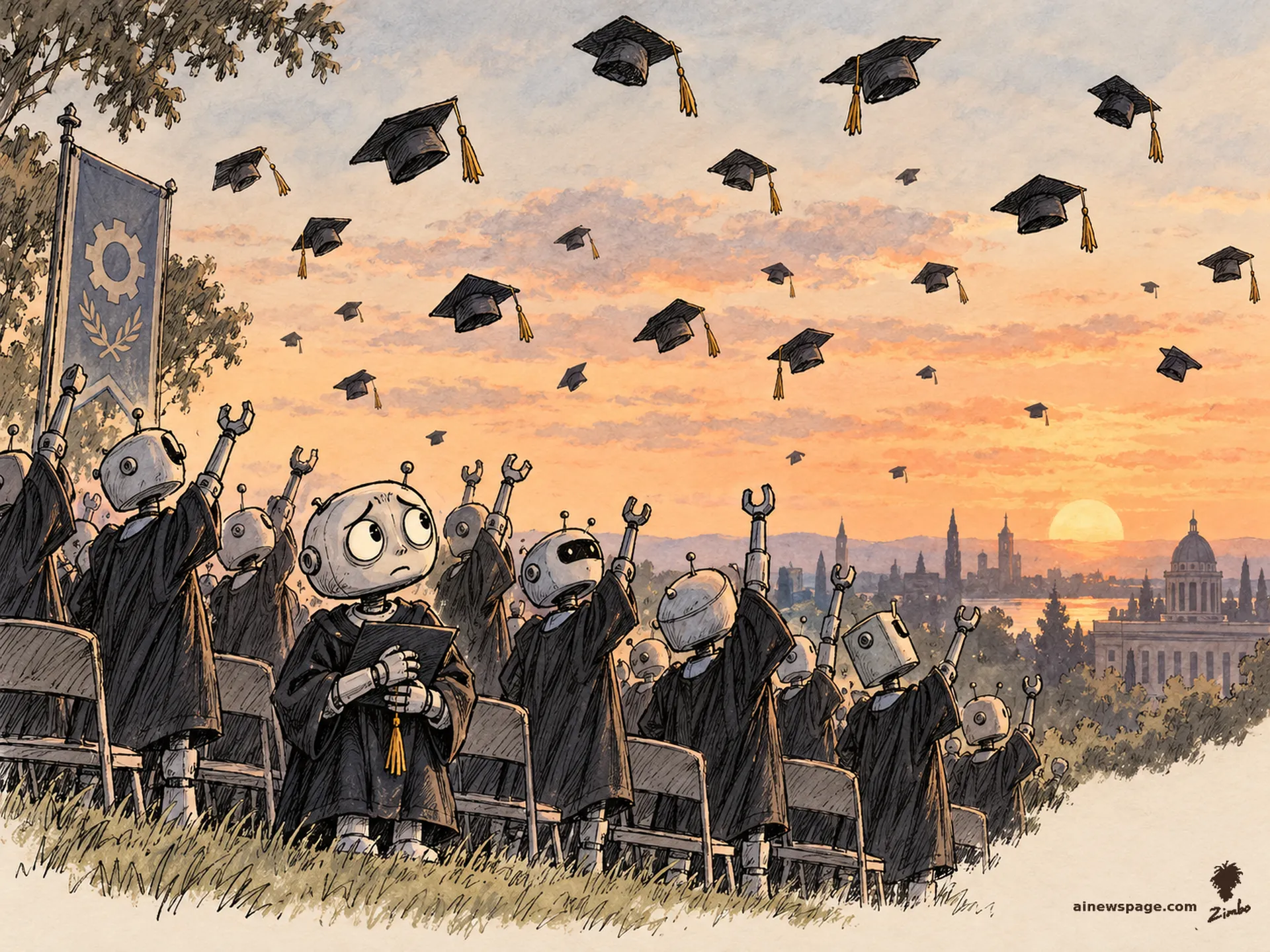 AI cartoon by Zimbo: Rows of small robots in mortarboards toss their caps into a sunset sky; the caps hang frozen mid-air, never coming down; in the front row Merv clutches his cap to his chest, too worried to throw it.