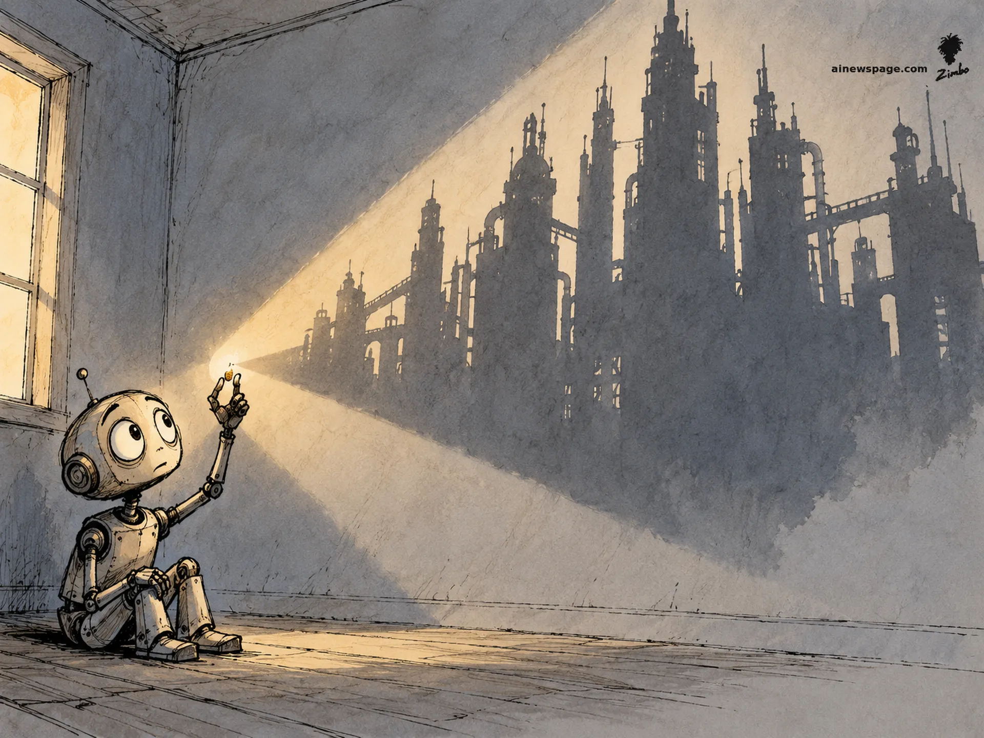 AI cartoon by Zimbo: Merv the anxious robot holds a single grain of sand up to the light in reverence while it casts a colossal shadow of a whole Machine Age city on the wall behind him.