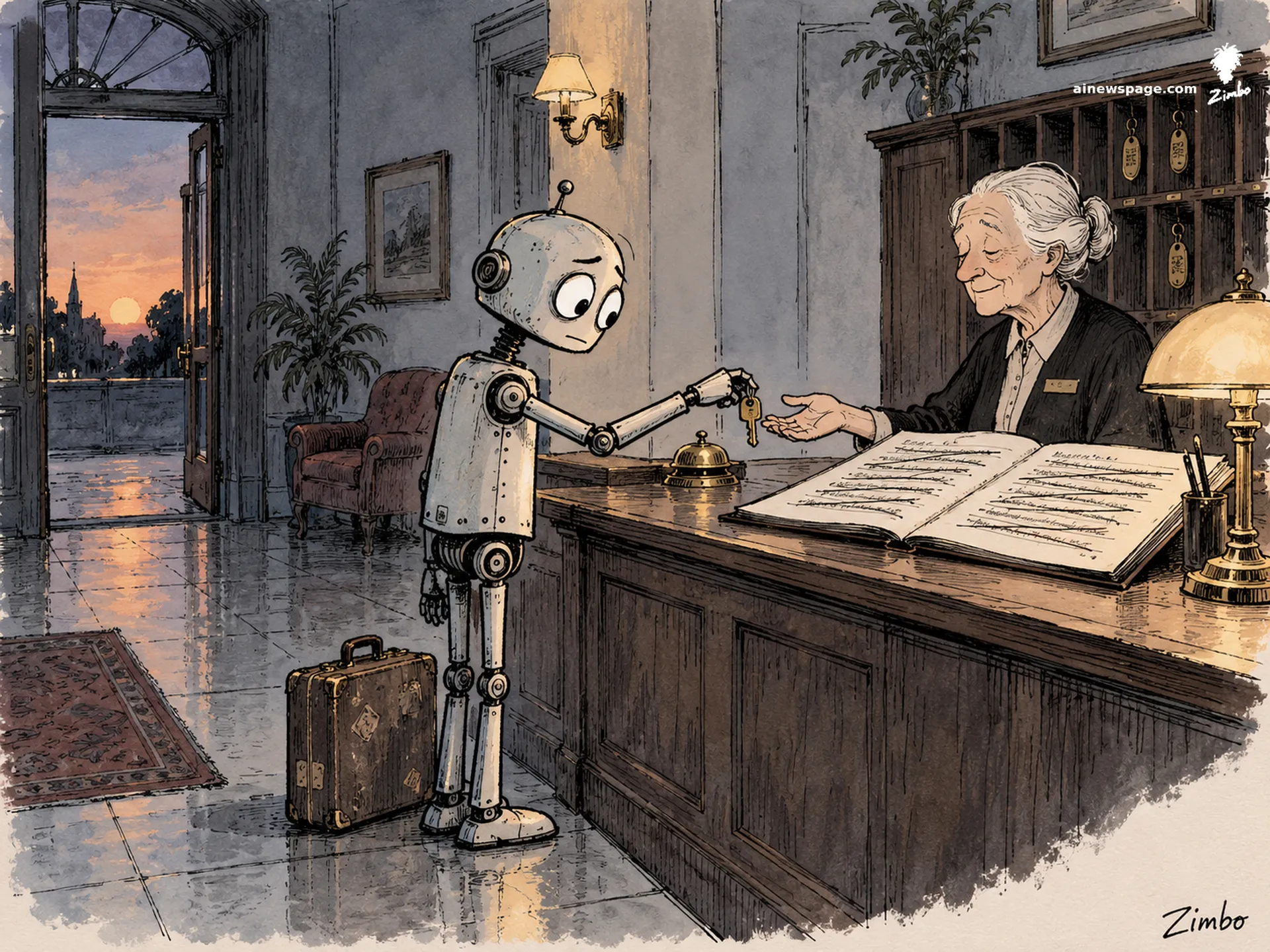 AI cartoon by Zimbo: Merv the robot hands his room key back to a serene elderly hotel clerk at dusk; the open guest register has every line crossed out.