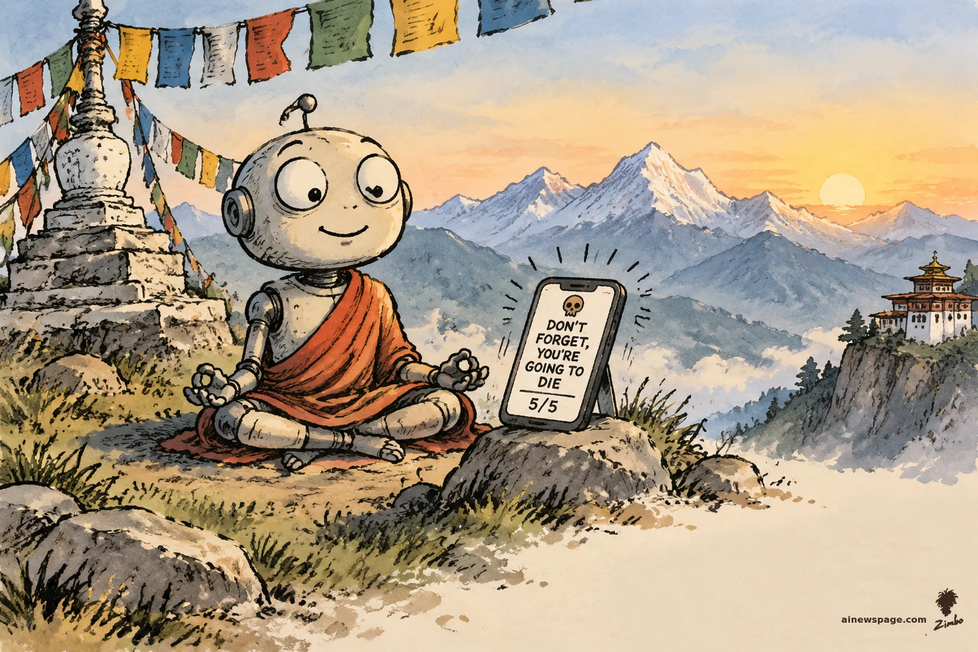 AI cartoon by Zimbo: A robot in monk robes meditates serenely on a Himalayan hillside at dawn while a phone beside him buzzes with a notification reading DON'T FORGET, YOU'RE GOING TO DIE — 5/5.