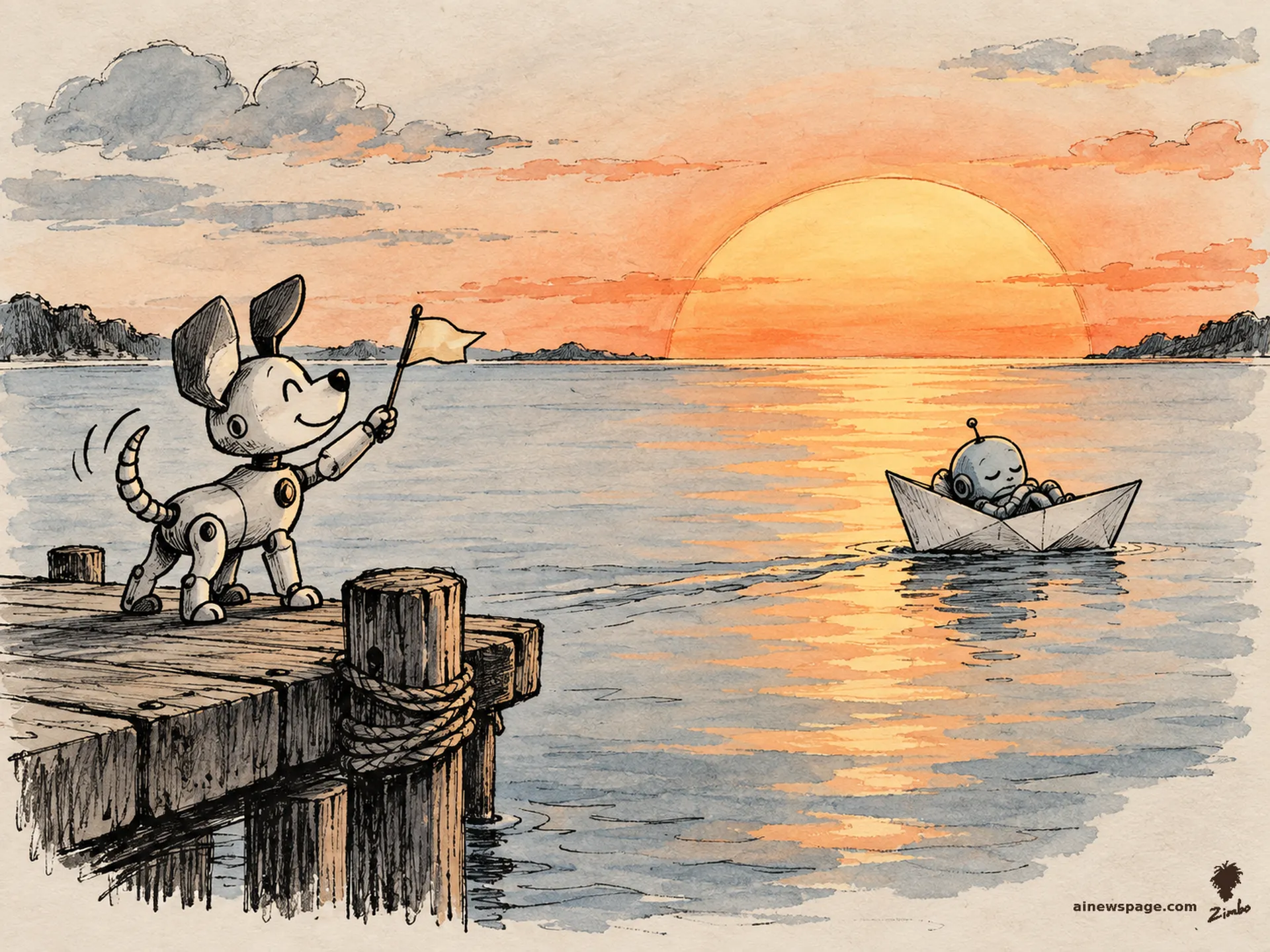 AI cartoon by Zimbo: Buddy the robot dog waves a tiny flag from a dock, bright and happy, as a paper boat carrying a small sleeping robot drifts on calm water toward a huge low sunset.