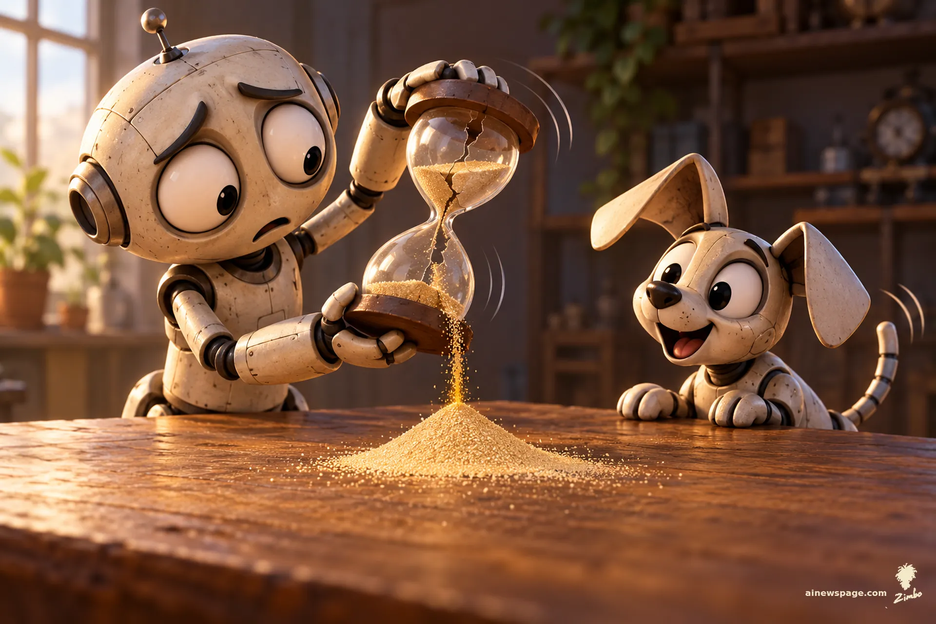 AI cartoon by Zimbo: Merv the anxious robot turns a cracked hourglass over and over while sand runs through the crack onto the table no matter which way is up; a small robot dog watches the pile grow, delighted.