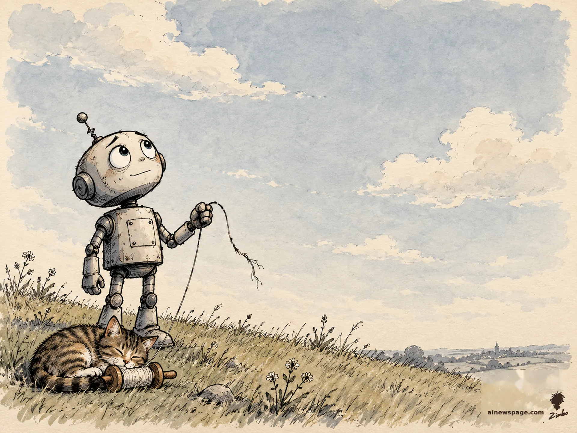 AI cartoon by Zimbo: Merv holds a frayed kite string, gazing up proudly at an empty sky; Issue the cat naps on the spool below.