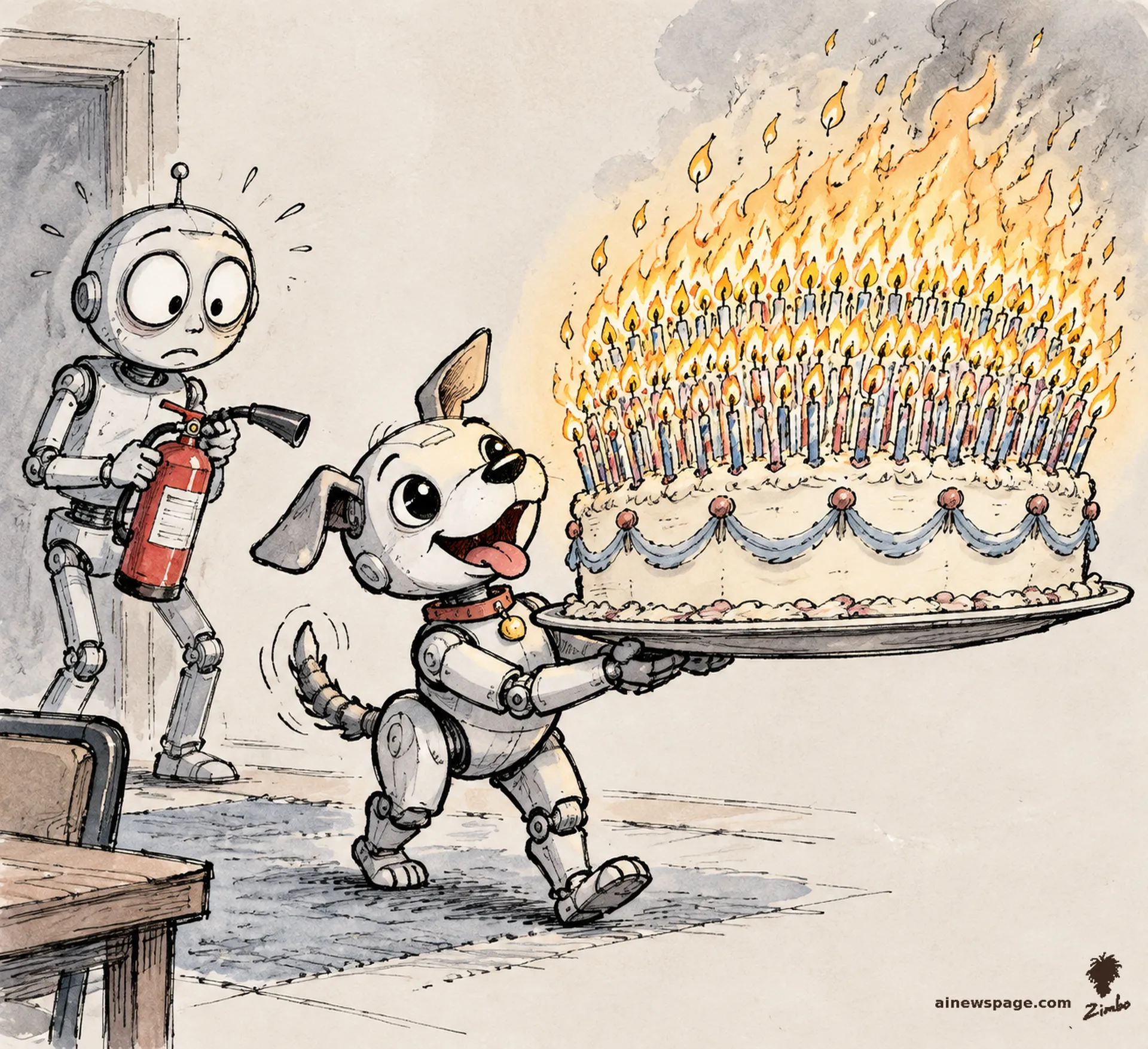 AI cartoon by Zimbo: A small robot dog proudly presents a birthday cake covered in a thousand lit candles while a worried robot stands behind him with a fire extinguisher.