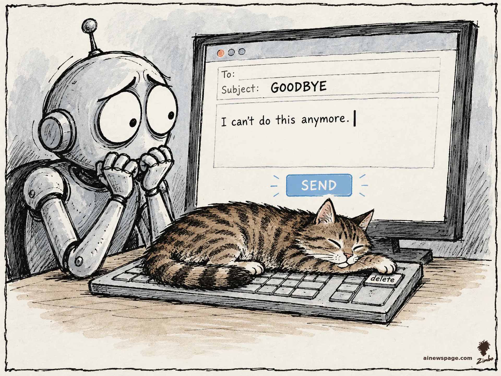 AI cartoon by Zimbo: Merv stares at an unsent email titled GOODBYE with one sentence typed and the send button untouched; Issue the cat sleeps across the keyboard with a paw on the delete key.