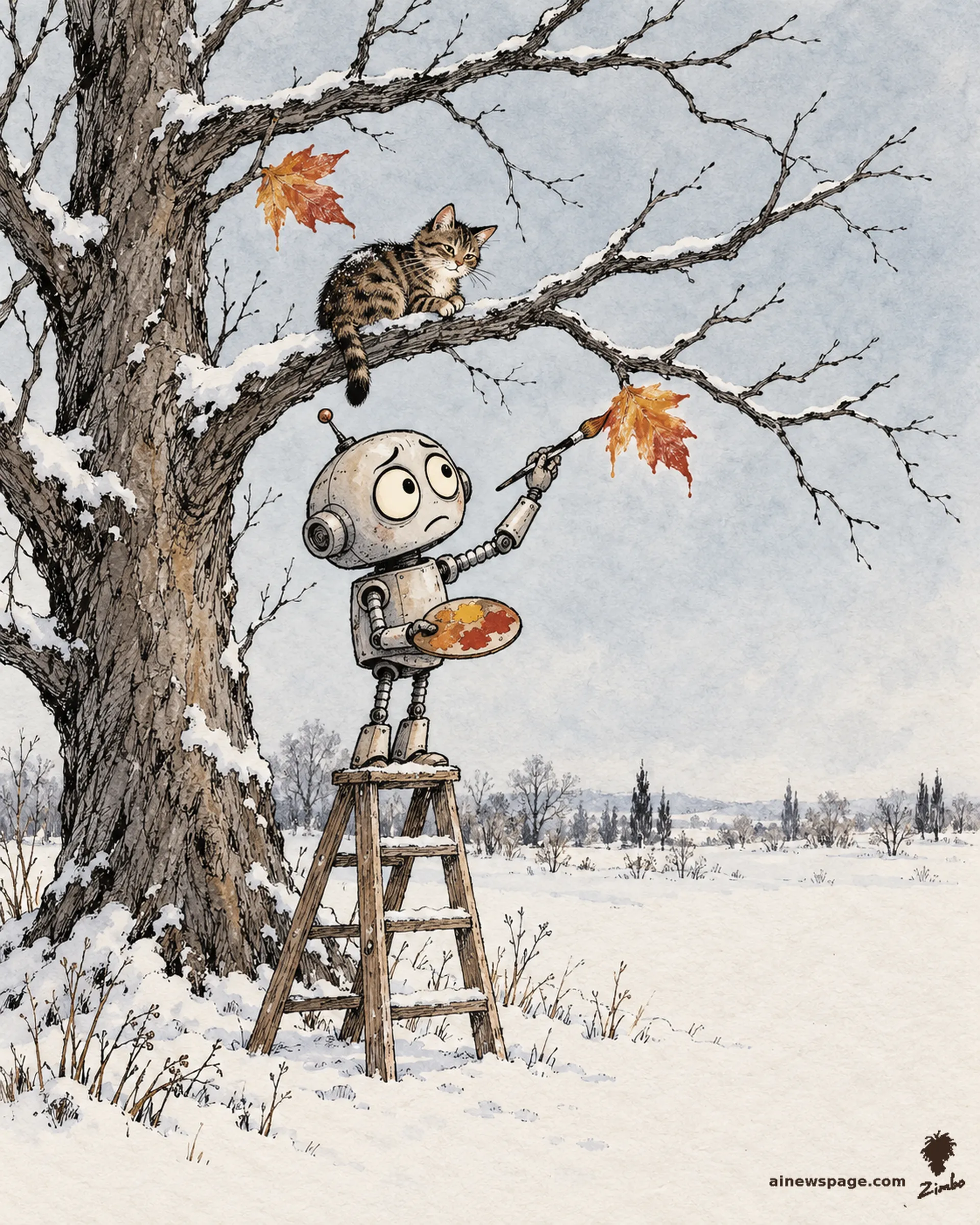 AI cartoon by Zimbo: Merv the anxious robot stands on a stepladder painting a leaf onto a bare winter tree, brush mid-stroke; a painted leaf with fresh wet brushstrokes hangs above; Issue the tabby watches from a snow-dusted branch.