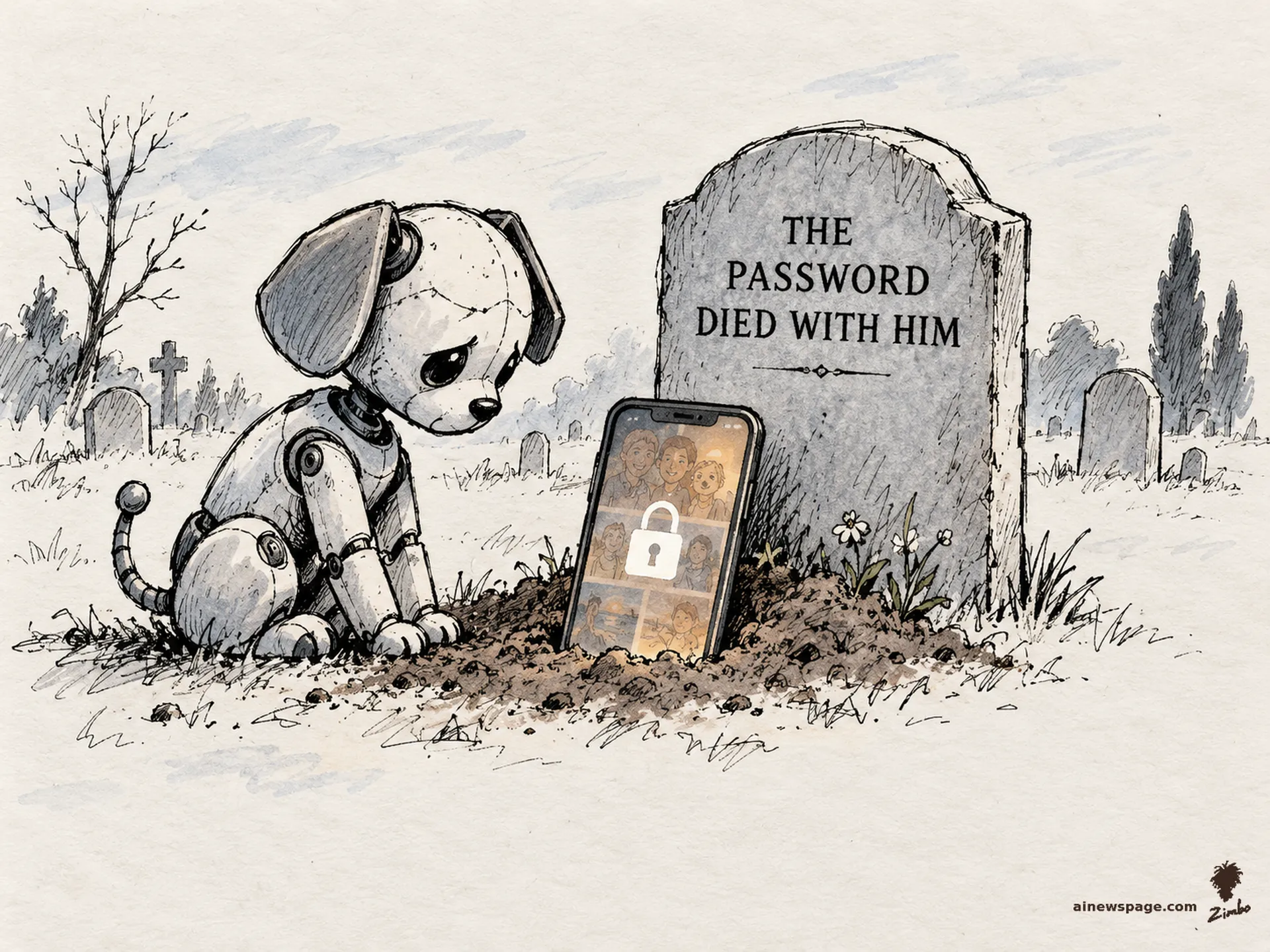 AI cartoon by Zimbo: A robot dog sits before a locked phone showing family photos, beside a headstone engraved THE PASSWORD DIED WITH HIM.