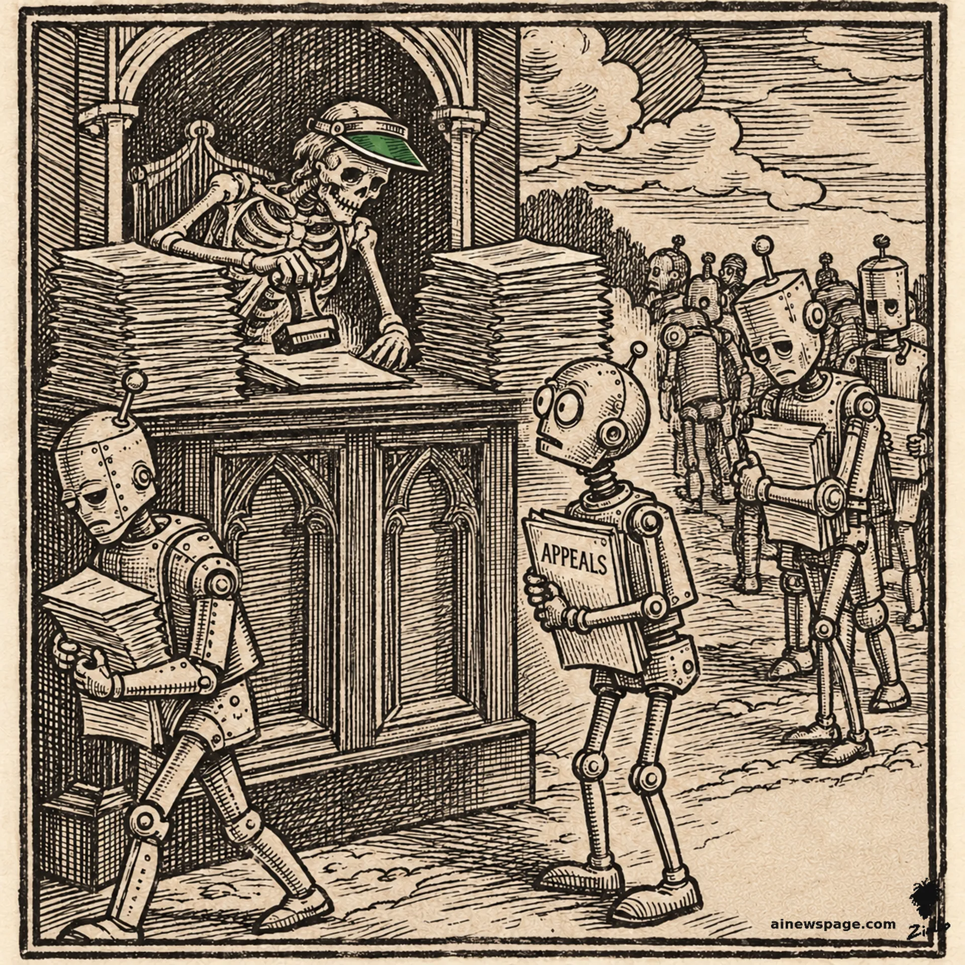 AI cartoon by Zimbo: A skeleton in a green clerk's visor stamps each passing robot's papers at a tall ledger desk while Merv approaches clutching a thick folder labeled APPEALS; behind the desk the stamped and unstamped piles are the same pile.