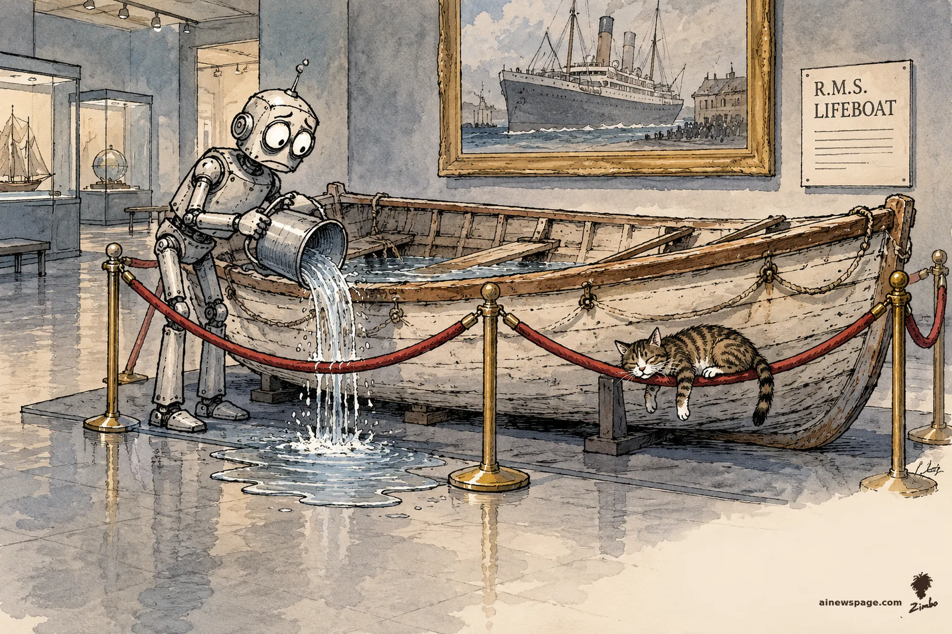 AI cartoon by Zimbo: Merv diligently bails water from a lifeboat roped off in a museum gallery while Issue naps across the rope.