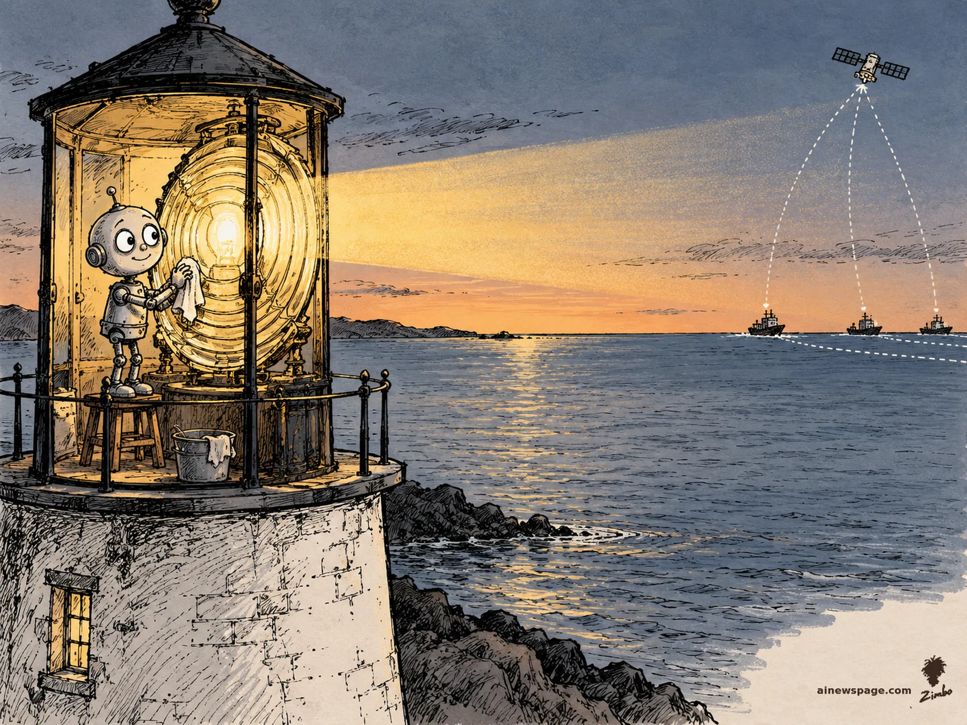 AI cartoon by Zimbo: Merv polishes a great lighthouse lens at dusk while distant ships steer by satellite signals on the horizon.