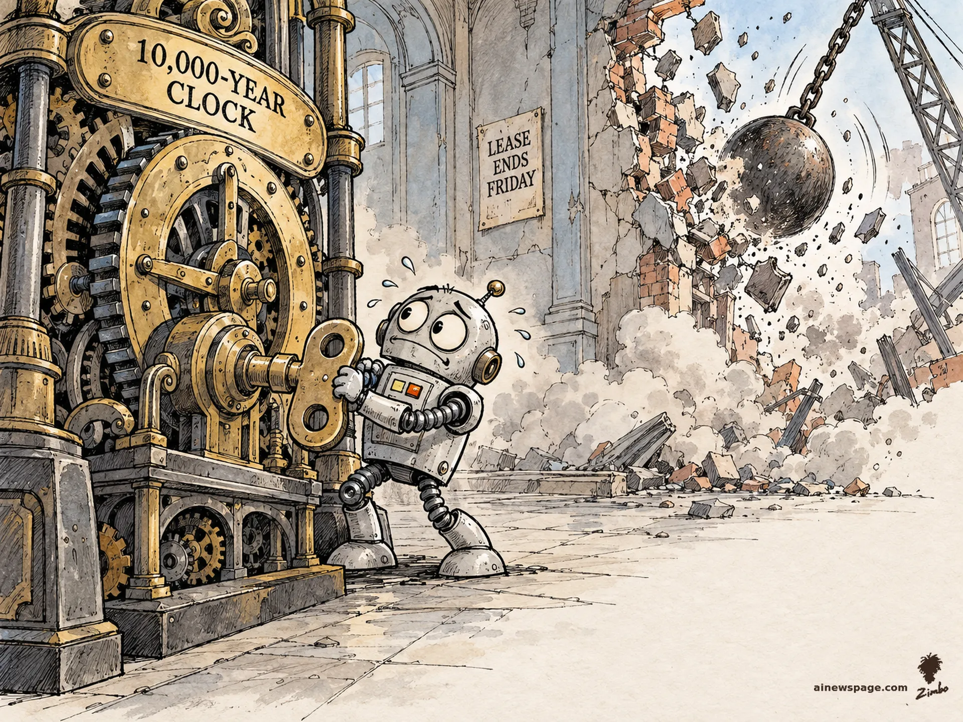 AI cartoon by Zimbo: A sweating robot winds a giant 10,000-year clock with a huge key while a wrecking ball demolishes the building housing it behind him.