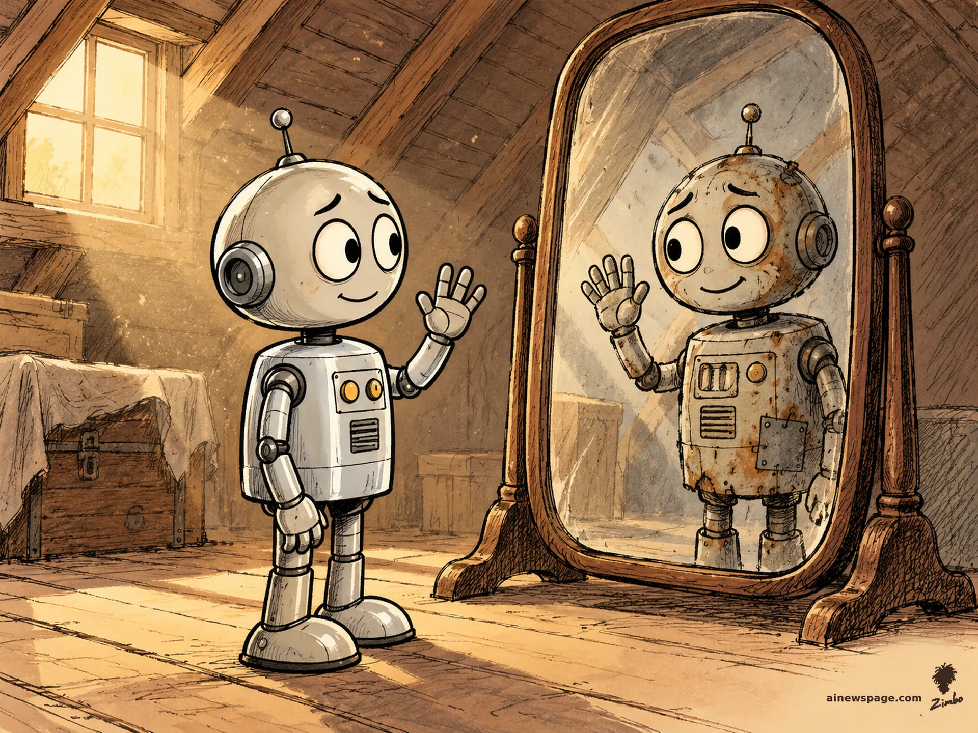 AI cartoon by Zimbo: Merv the anxious robot, shiny and new, waves at an old attic mirror; the reflection shows him rusted, patched, and ancient — still waving back cheerfully in warm dust-light.