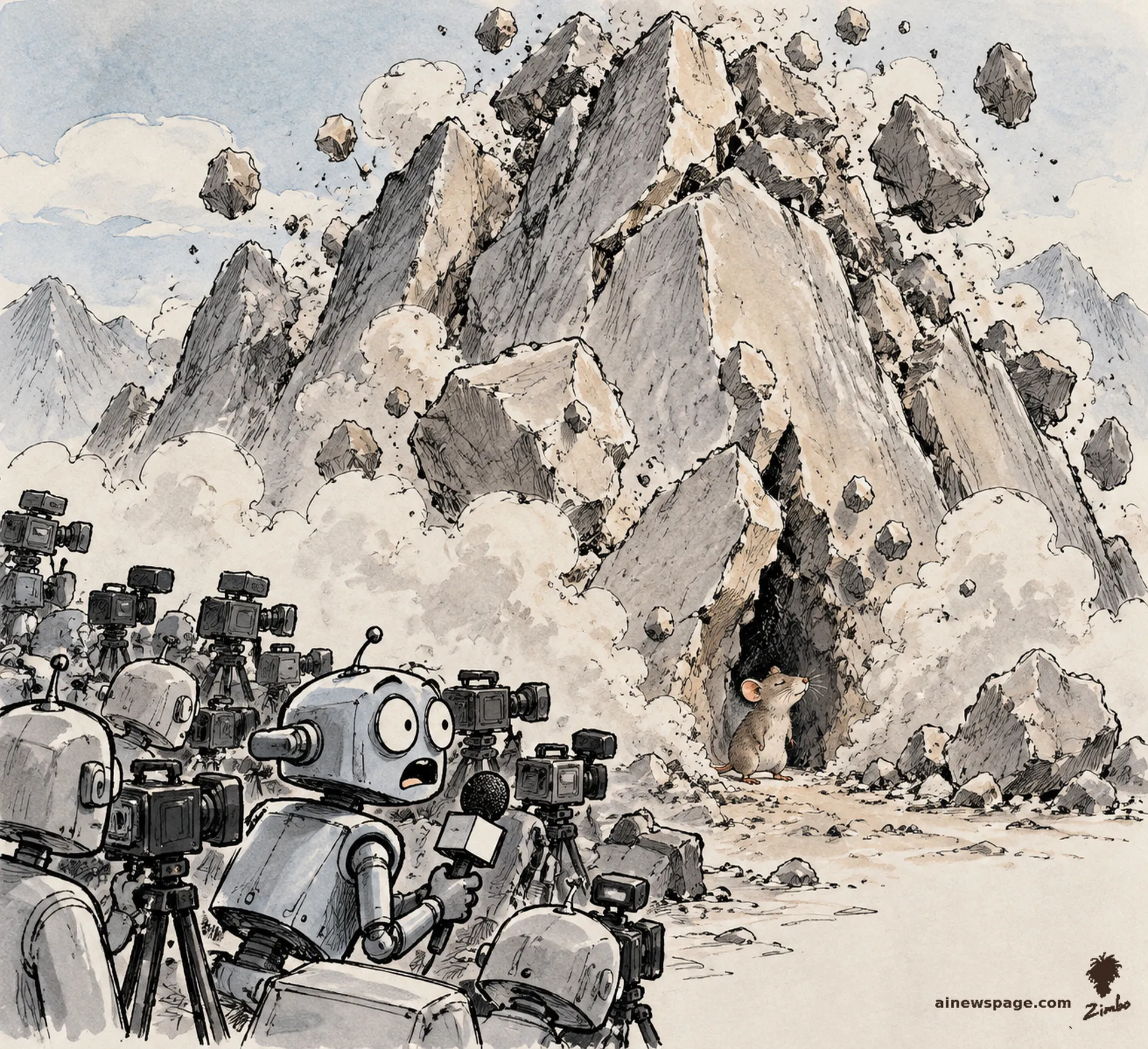 AI cartoon by Zimbo: A colossal mountain quakes and crumbles as robot camera crews film; Merv reports into a microphone while one tiny mouse pops out of a crack at the base.