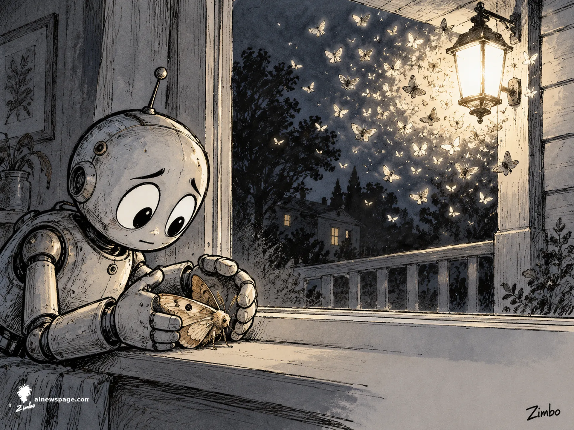 AI cartoon by Zimbo: Merv the anxious robot gently cups both hands around a large moth on a windowsill, shielding it from a blazing porch light swarmed by a cloud of moths.