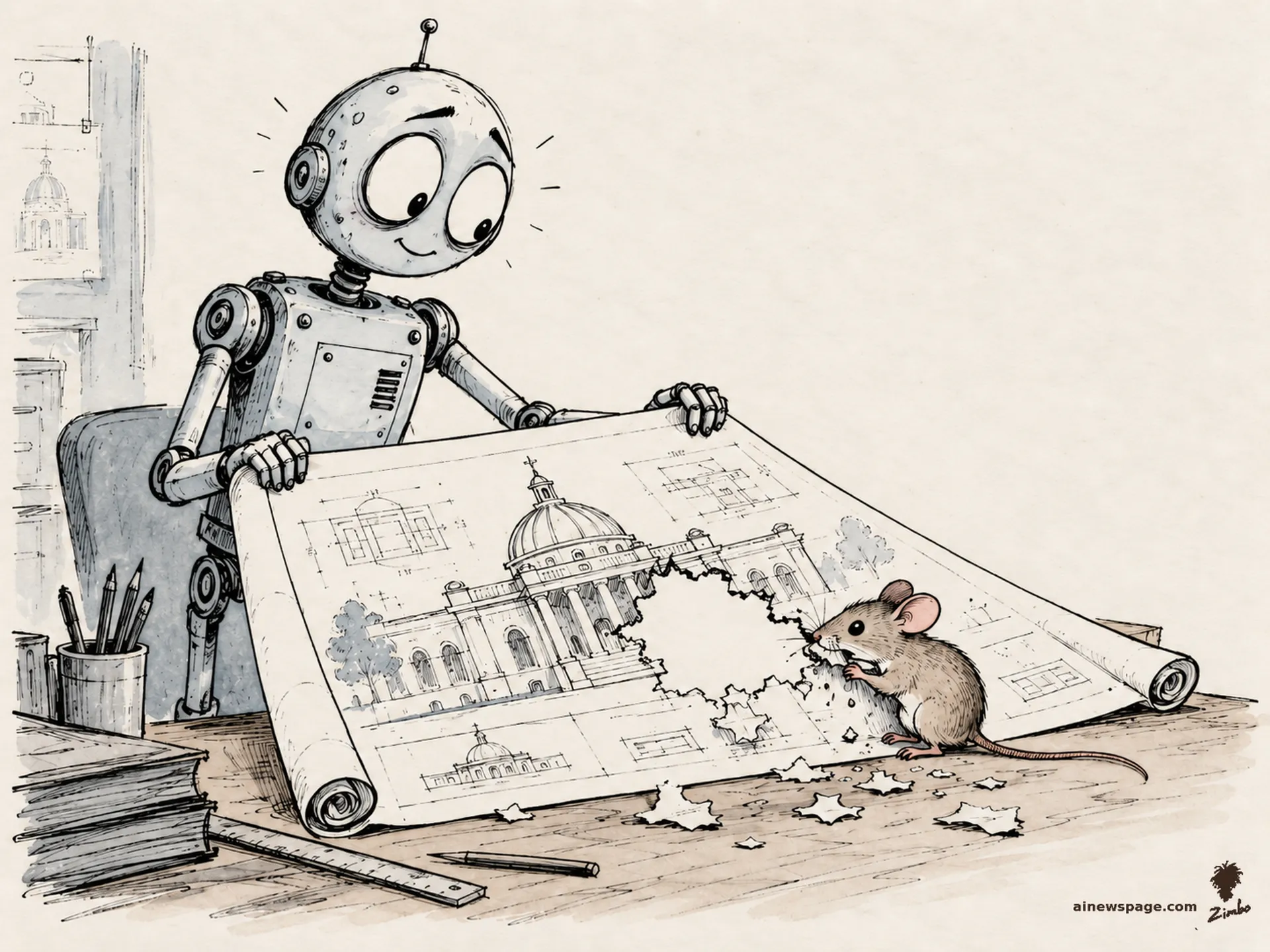 AI cartoon by Zimbo: Merv the robot proudly unrolls architectural blueprints while a small field mouse chews a hole through the middle of the plans.
