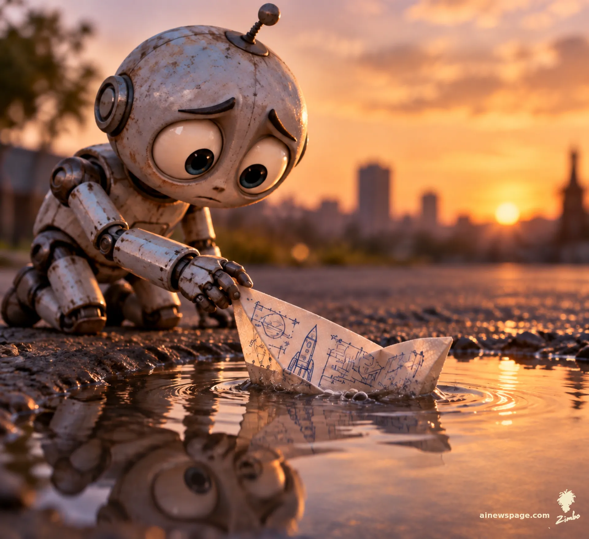 AI cartoon by Zimbo: A small anxious robot launches a paper boat covered in grand blueprints into a shallow puddle at sunset; the boat is sinking immediately.