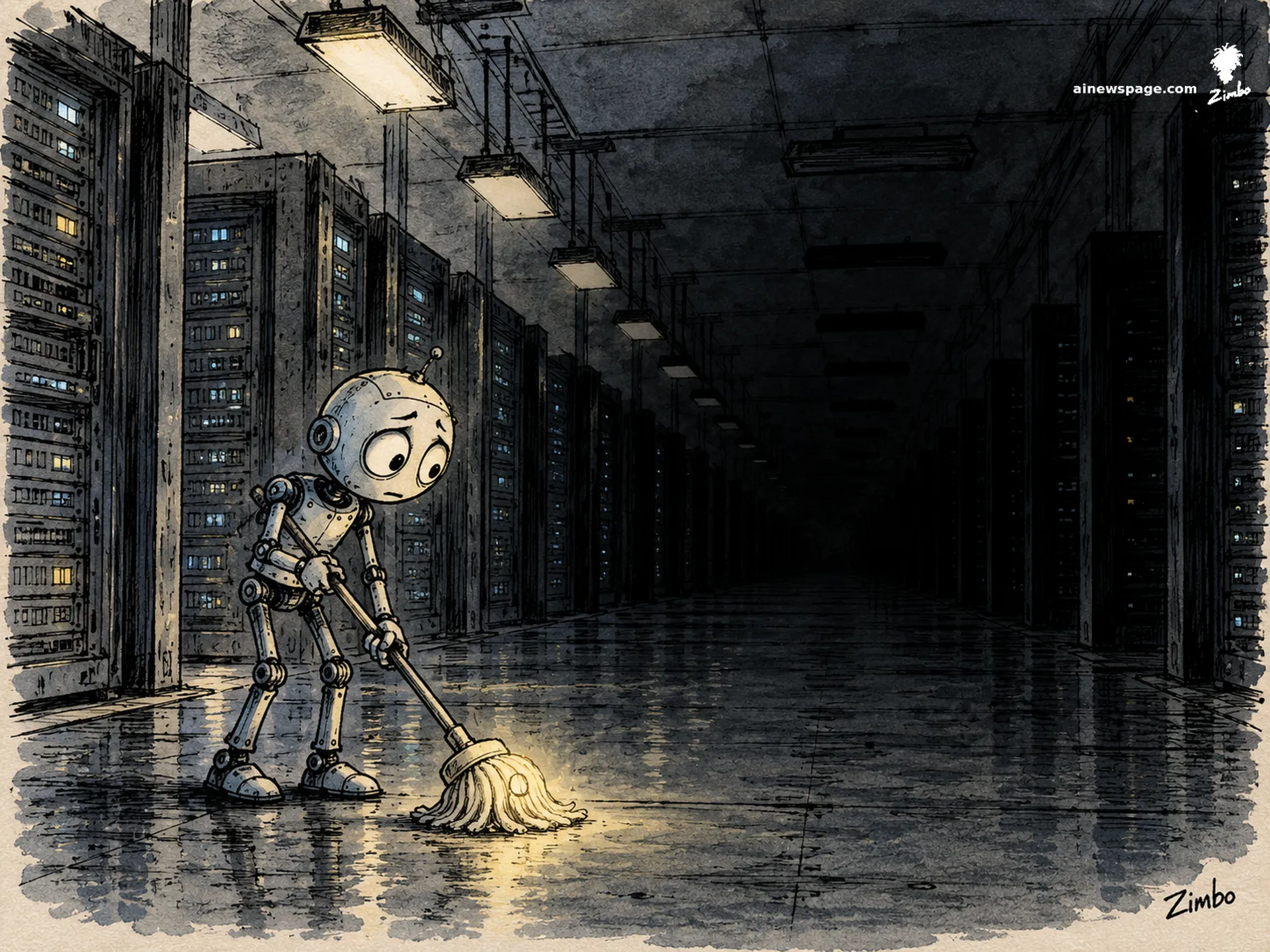 AI cartoon by Zimbo: A hunched Merv the anxious robot mops the floor of an empty Machine Age server hall as the lights go out row by row behind him, mopping on into the dark with a faintly glowing mop.