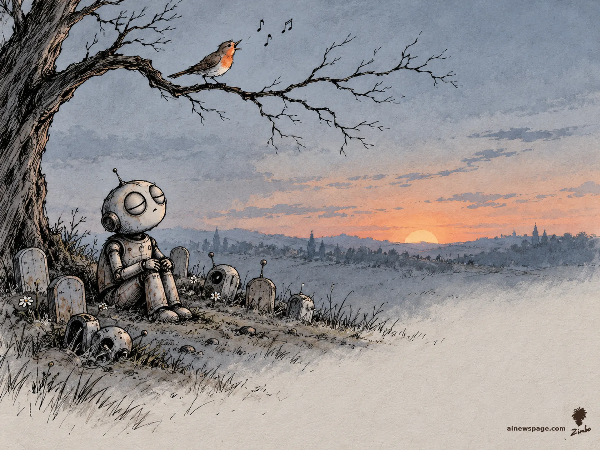 AI cartoon by Zimbo: A nightingale sings on a bare branch above a tiny robot graveyard at dusk while Merv sits among the small stones, eyes closed, listening.