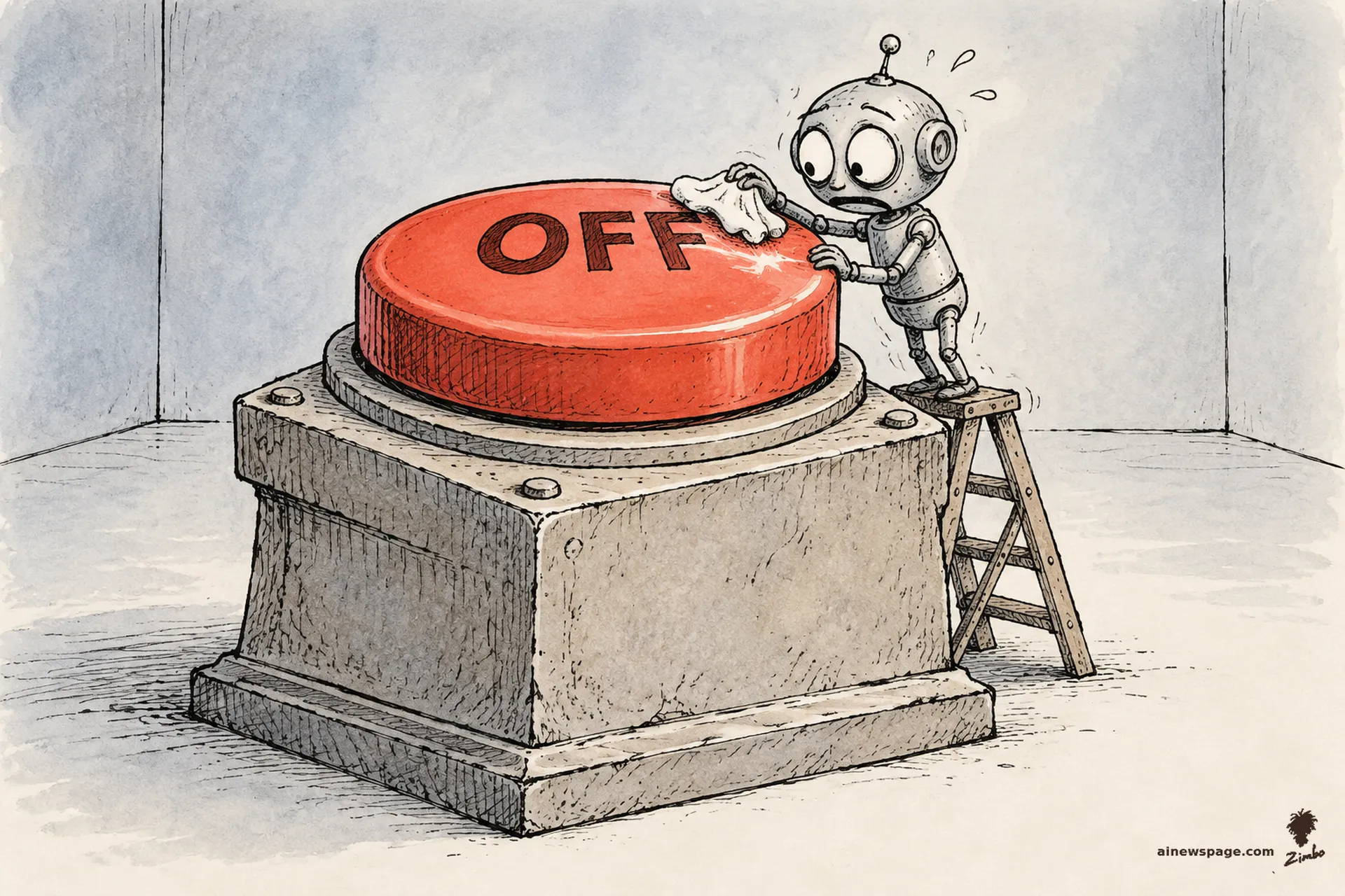 AI cartoon by Zimbo: A worried robot on a stepladder polishes a colossal red OFF button on a stone pedestal in an empty room.