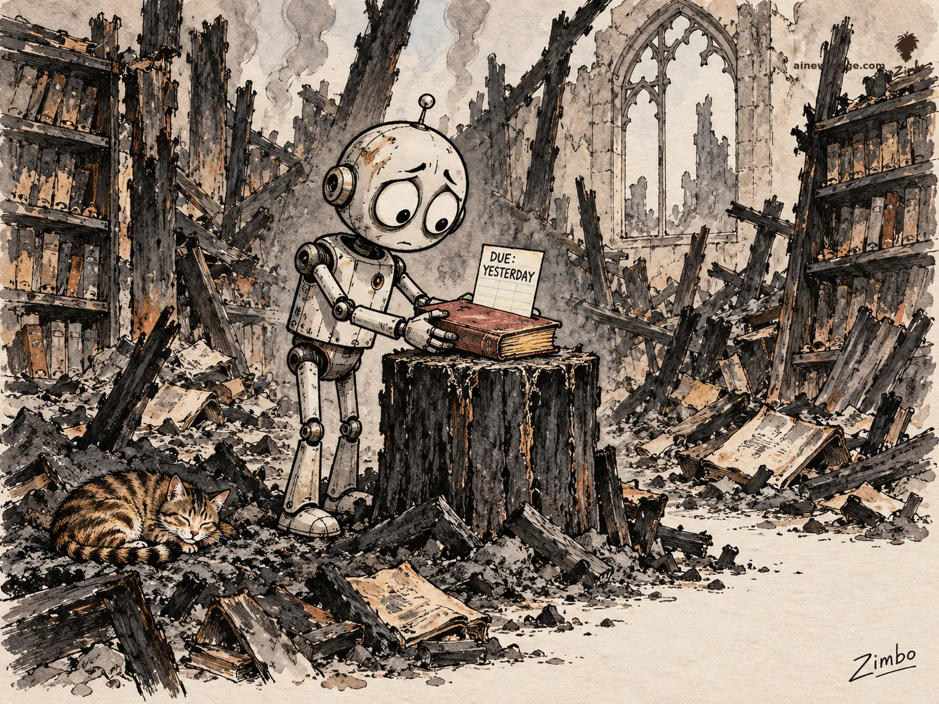 AI cartoon by Zimbo: Merv the anxious robot ceremonially returns a book with a DUE: YESTERDAY slip onto a blackened stump in a burned-down library, charred shelves around him; Issue the tabby naps in the ashes.