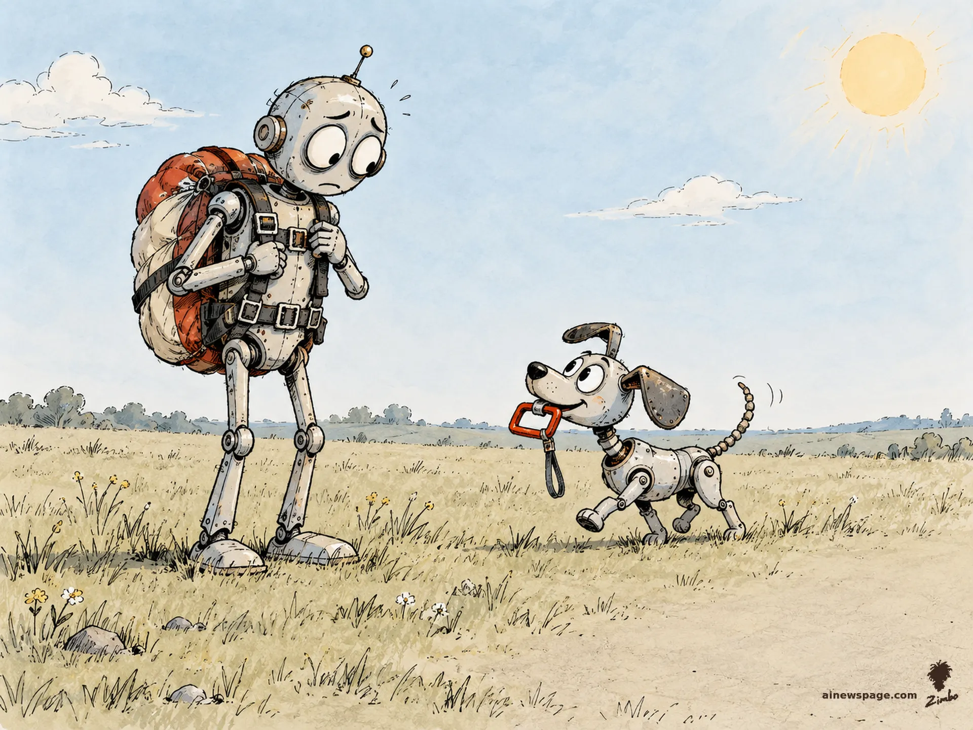 AI cartoon by Zimbo: Merv carefully packs a parachute, straps checked, standing in a sunny meadow with no plane in sight; Buddy trots up proudly carrying the ripcord.