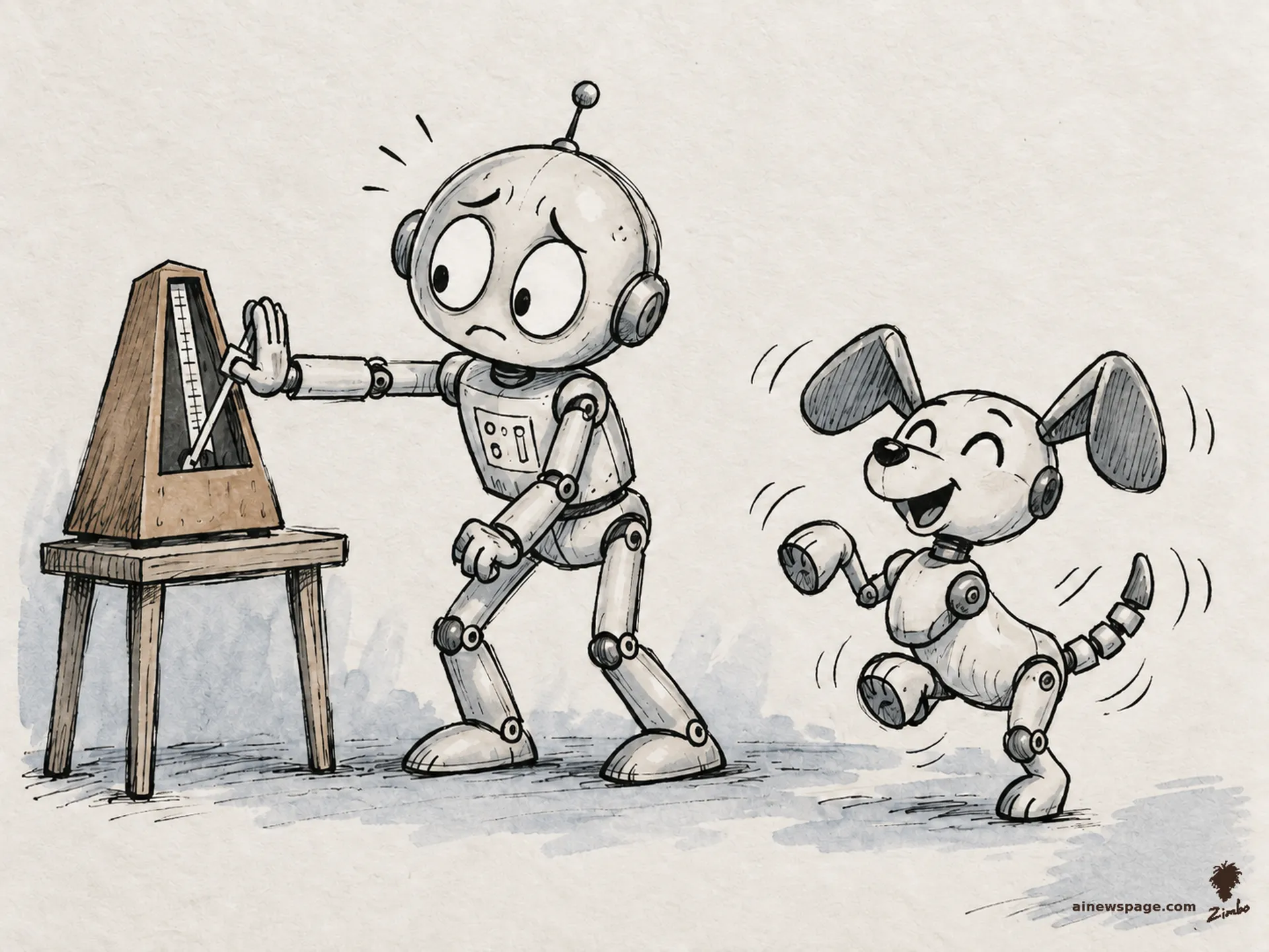 AI cartoon by Zimbo: Merv the anxious robot holds his hand flat against a metronome to stop its arm mid-swing while a small robot dog dances joyfully beside him anyway.