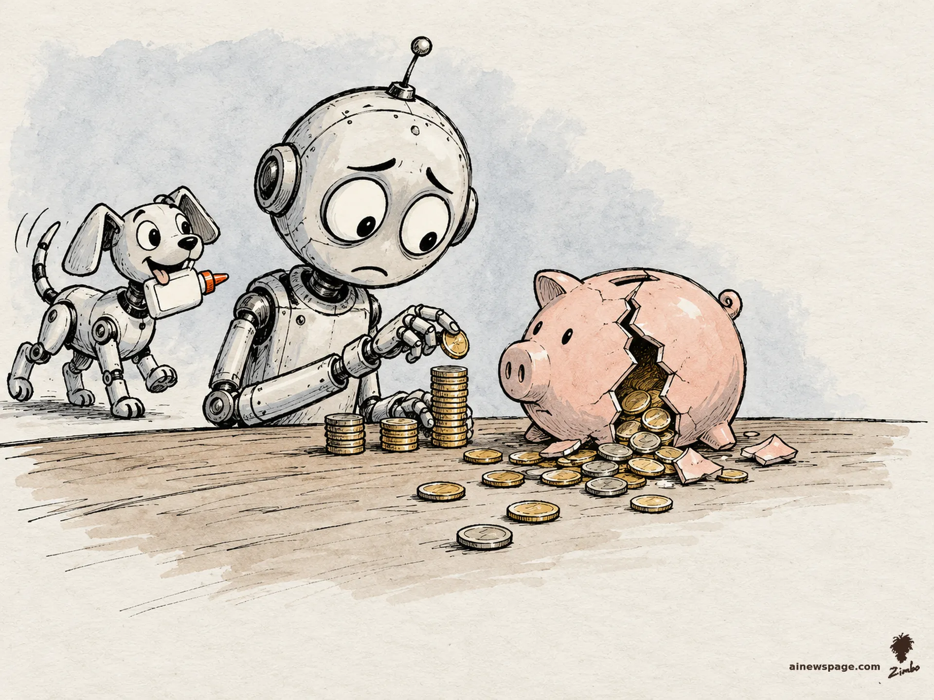 AI cartoon by Zimbo: Merv the anxious robot counts coins beside a cracked pink piggy bank spilling coins from its split; a small robot dog arrives carrying a bottle of glue.