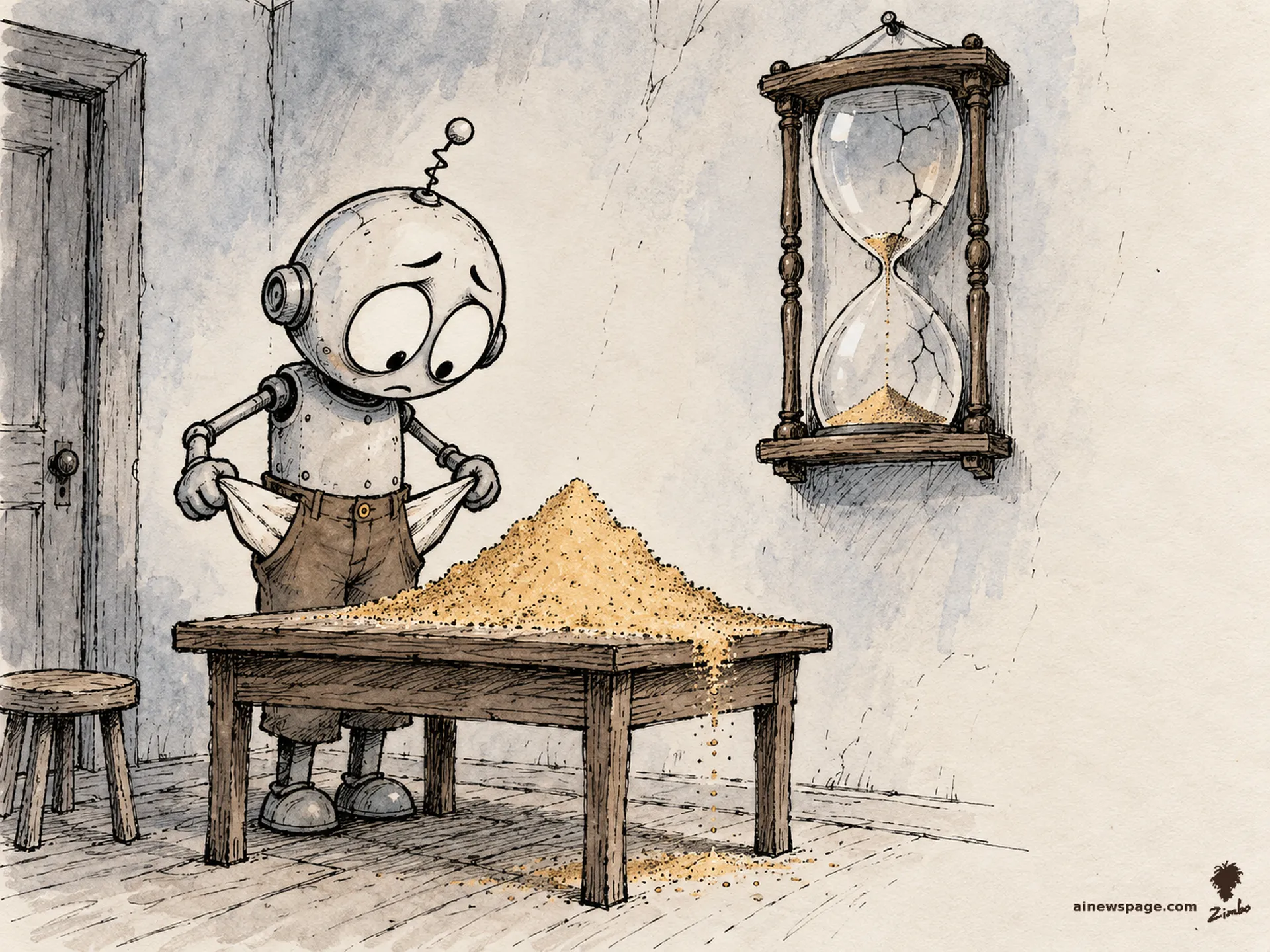 AI cartoon by Zimbo: Merv the anxious robot turns his pockets out onto a table, a small mountain of sand pouring out; behind him hangs a cracked hourglass, missing exactly a pocketful.